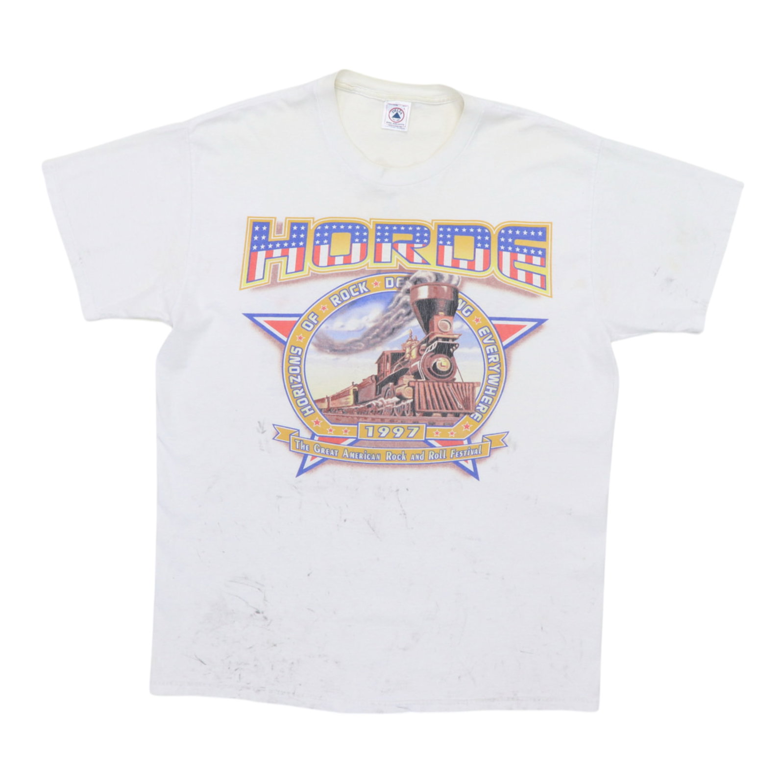 Vintage 1997 Horde Festival White Cotton Graphic Tee Size Large: Vintage 1997 Horde Festival White Cotton Graphic Tee Size Large This is an original vintage 1997 Horde Music Festival shirt featuring both front and back graphics. The shirt is made from 100% cotton i