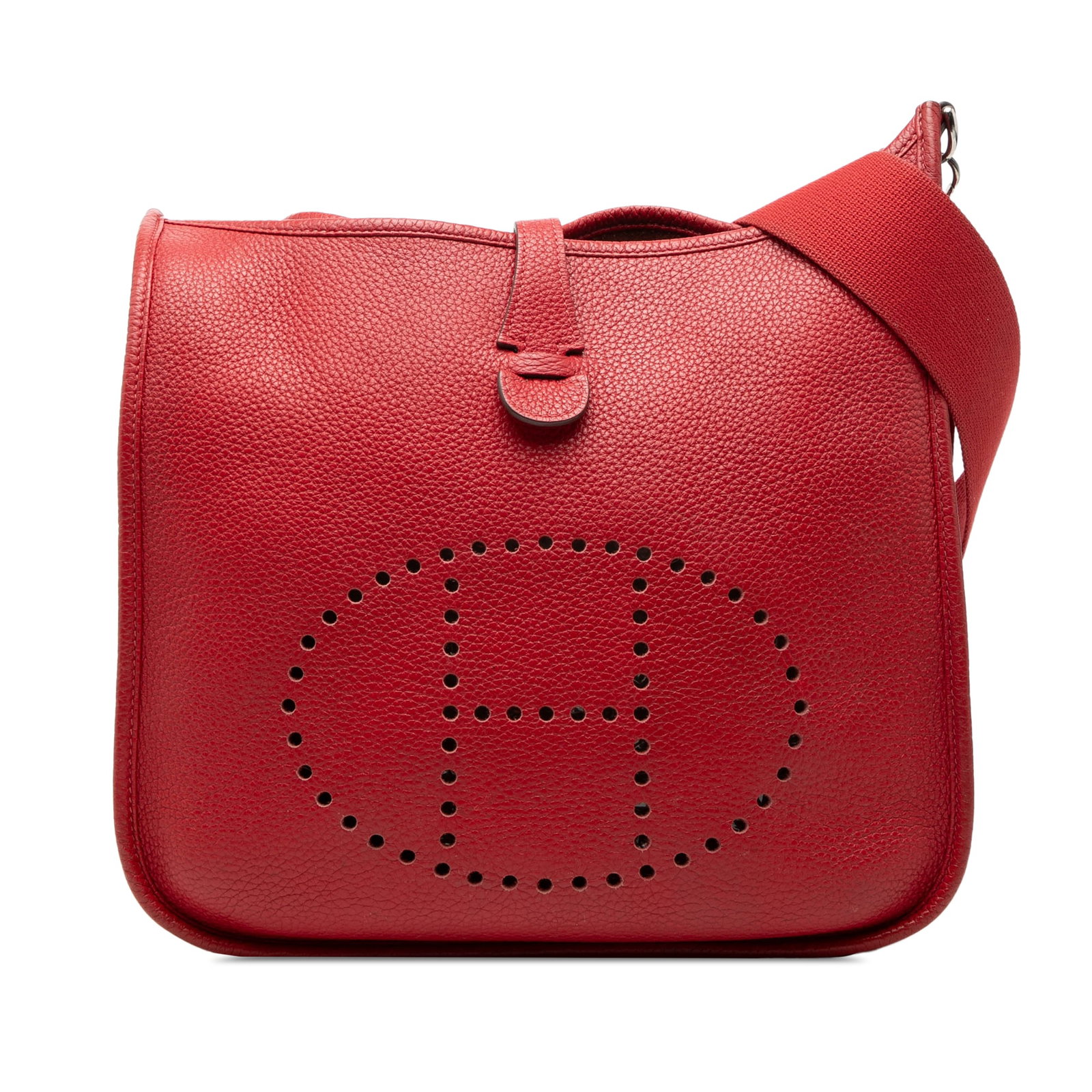 Hermes Evelyne III PM Clemence Leather Red Shoulder Bag: Hermes Evelyne III PM Clemence Leather Red Shoulder Bag The Hermes Clemence Evelyne III 29 features a Rouge Casaque Clemence leather body with an adjustable flat leather strap, top strap and snap butt