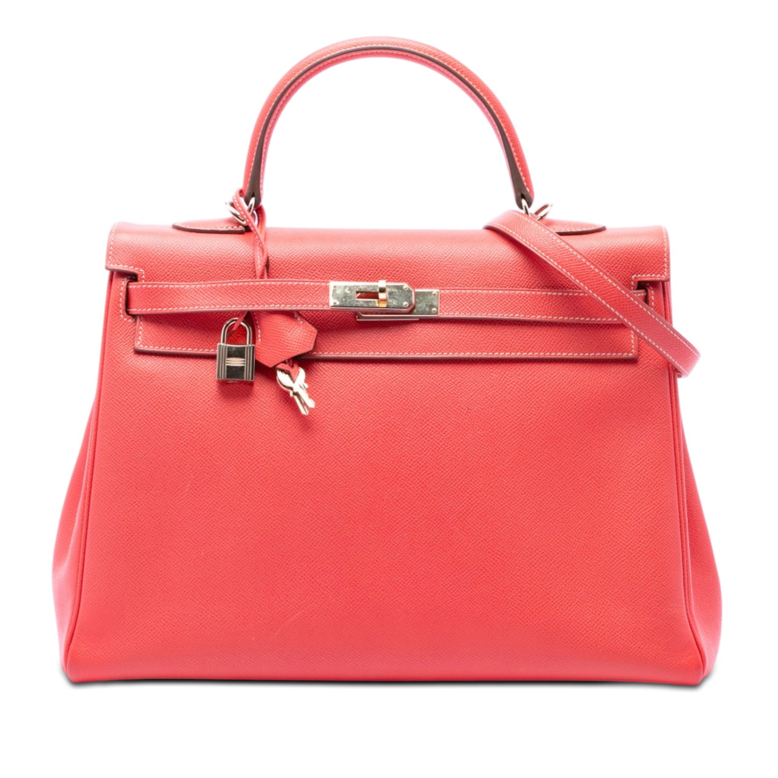 Hermes Kelly II Retourne 35 Epsom Leather Handbag Rose Jaipur: Hermes Kelly II Retourne 35 Epsom Leather Handbag Rose Jaipur Hermes Kelly 35 bag in Epsom leather and Rose Jaipur color. It features a flat leather top handle, a detachable flat leather strap, a flap