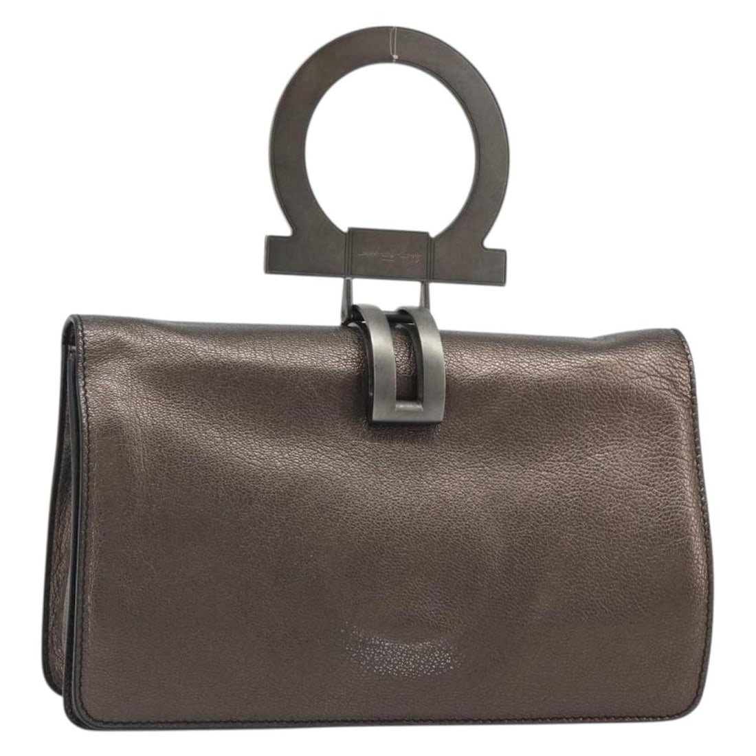 Gray Leather Hand Bag Salvatore Ferragamo Gancini Italy: Gray Leather Hand Bag Salvatore Ferragamo Gancini Italy Salvatore Ferragamo Gancini gray leather handbag for women, made in Italy. This compact handbag is offered without the original box or dust bag;
