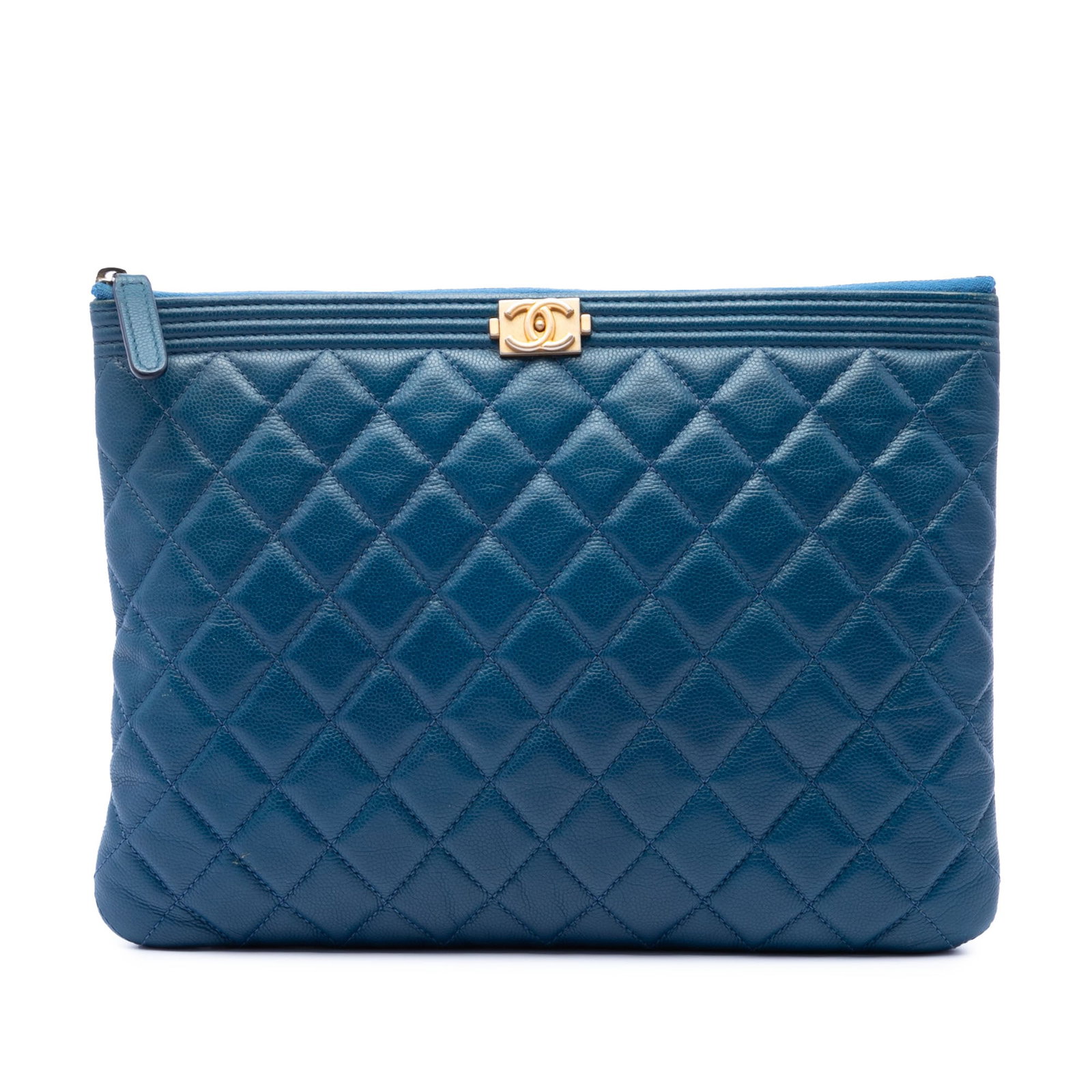 Chanel Boy O Case Quilted Caviar Leather Clutch: Chanel Boy O Case Quilted Caviar Leather Clutch This Chanel Medium Quilted Caviar Boy O Case Clutch features a quilted caviar leather exterior in blue with a top zip closure. The bag displays signs of