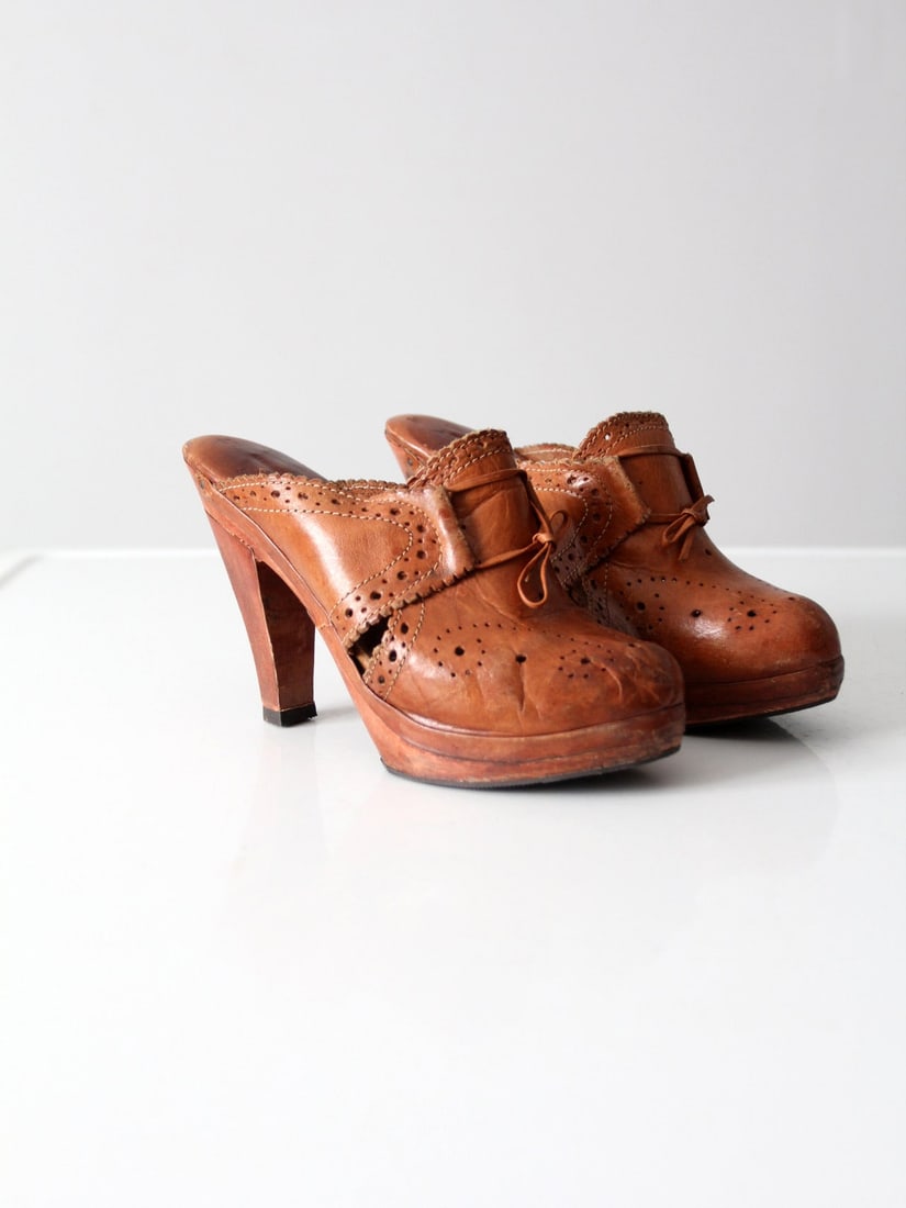 Brown Leather 1970s Mule Heels with Brogue Detailing Size 6 (1 of 10)