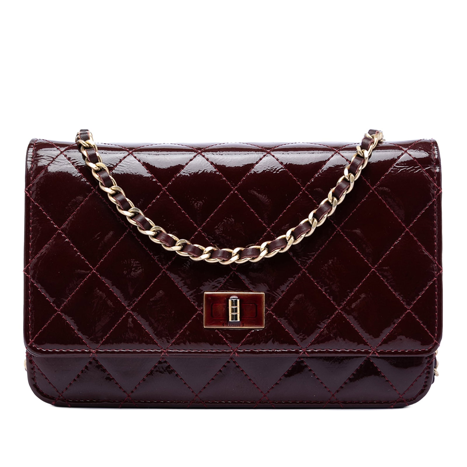 Chanel 2.55 Quilted Patent Leather Wallet On Chain: Chanel 2.55 Quilted Patent Leather Wallet On Chain This Chanel Quilted Patent Reissue 2.55 Wallet On Chain is crafted from red quilted patent leather and features a leather-woven chain strap. The desi