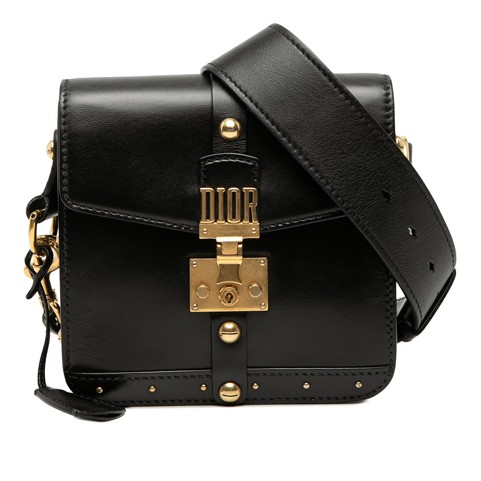 Dior DiorAddict Square Flap Leather Shoulder Bag Black: Dior DiorAddict Square Flap Leather Shoulder Bag Black A DiorAddict Square Flap bag crafted in black leather with a structured silhouette. It features an adjustable and detachable flat leather strap, 