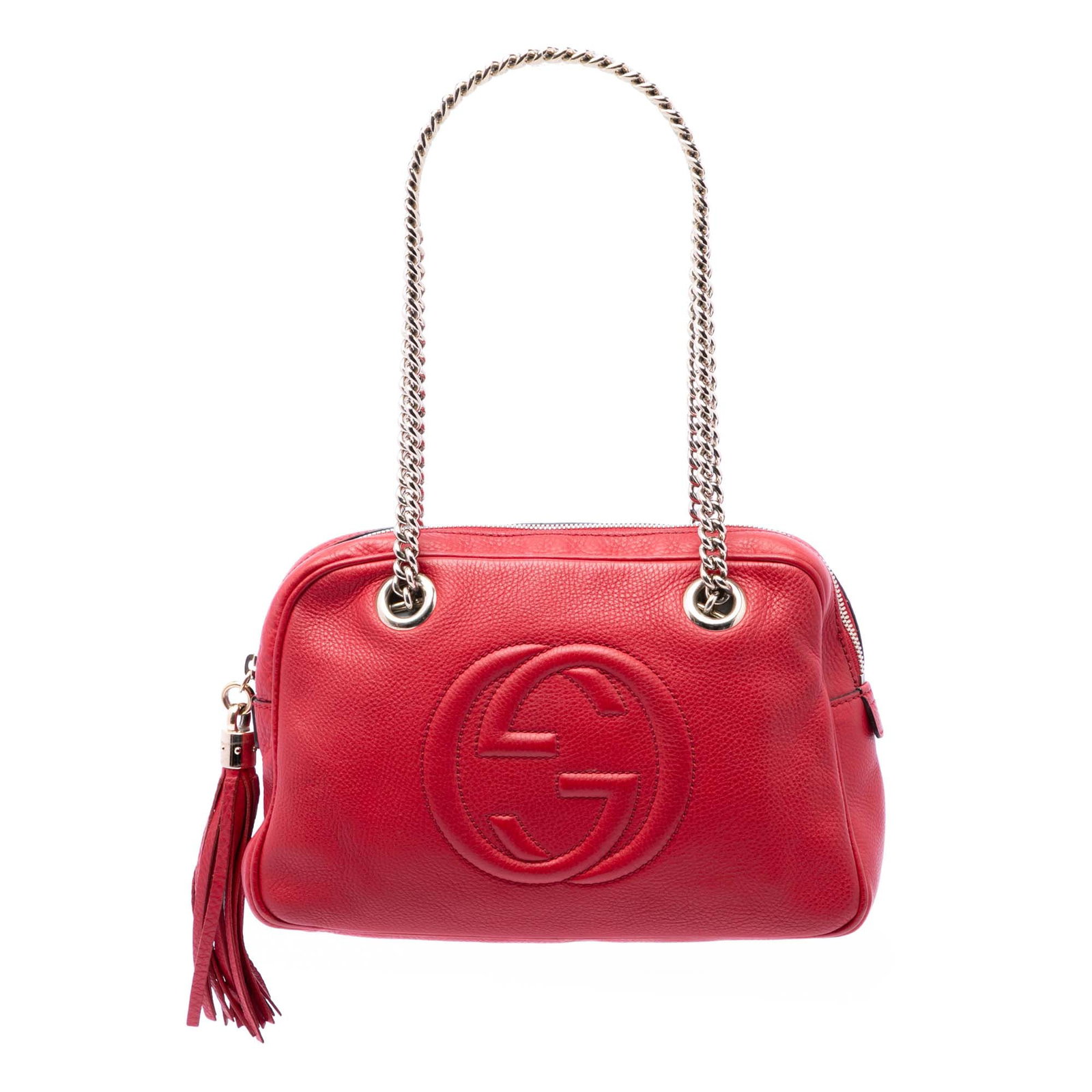 Gucci Soho Chain Zip Shoulder Bag in Red Calfskin: Gucci Soho Chain Zip Shoulder Bag in Red Calfskin This Gucci Soho shoulder bag is crafted in red calfskin leather and features chain link straps with a top zip closure accented by a tassel zipper pull