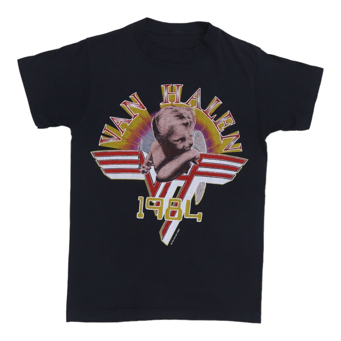 Vintage 1984 Van Halen Concert Black Poly Cotton T Shirt: Vintage 1984 Van Halen Concert Black Poly Cotton T Shirt This is an original vintage 1984 Van Halen Tour Shirt featuring both front and back graphics. The shirt is made of a 50/50 poly/cotton blend an