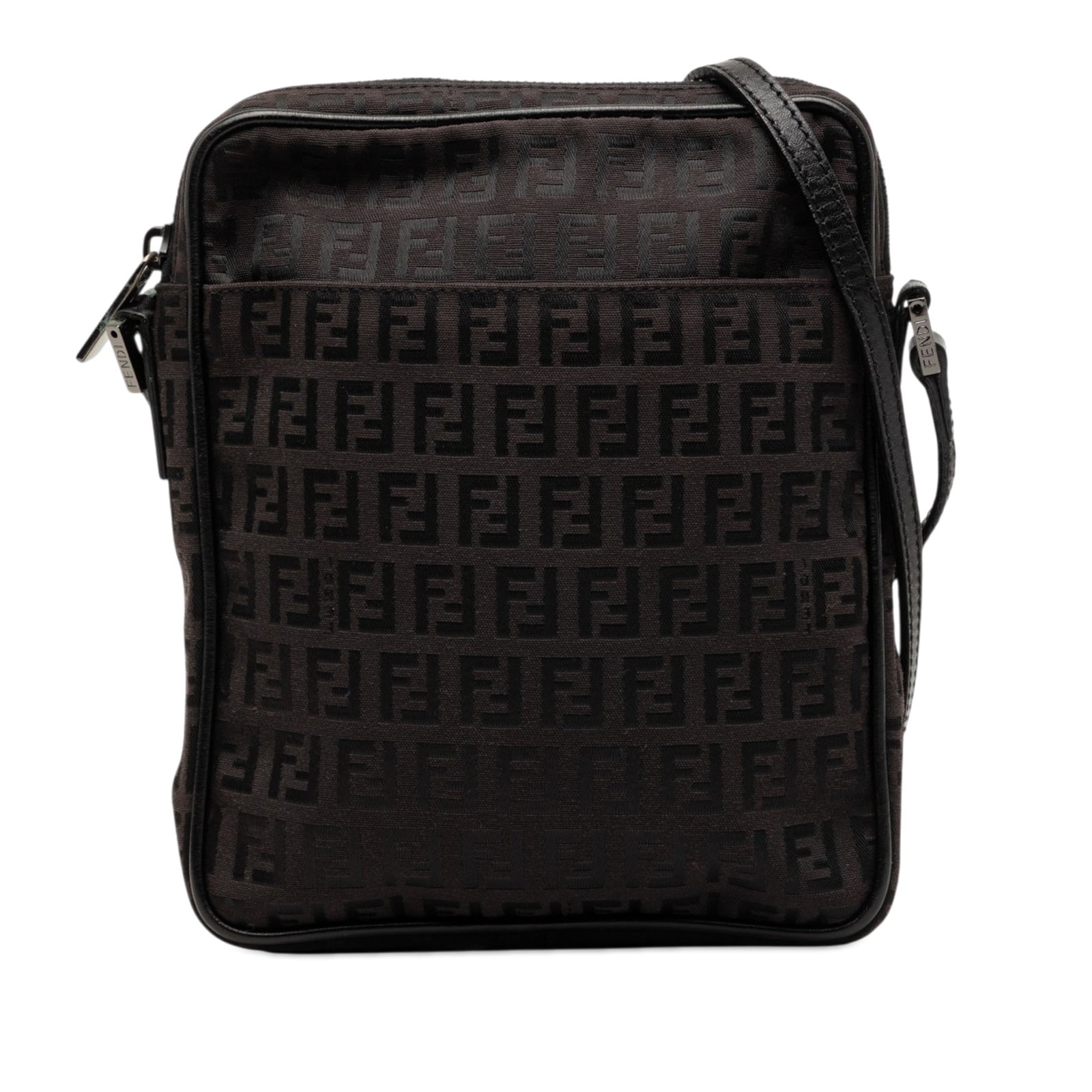 Fendi Zucchino black canvas shoulder bag leather trim: Fendi Zucchino black canvas shoulder bag leather trim This Fendi Zucchino Canvas Crossbody bag is crafted in Italy and features a canvas body with leather trim. It is designed with an adjustable leath