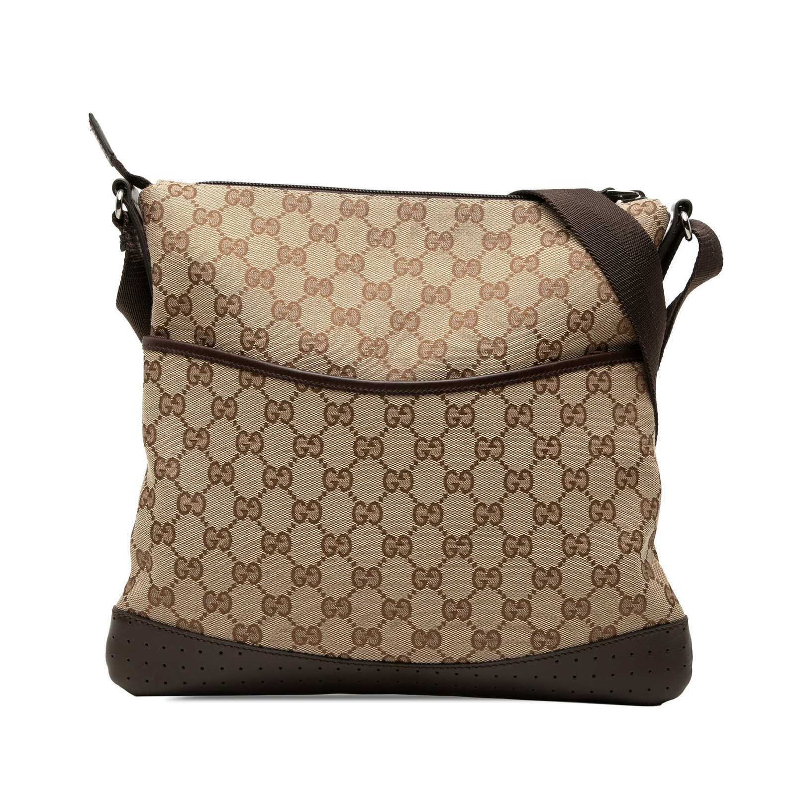 Gucci GG Canvas Beige Crossbody Bag with Leather Trim: Gucci GG Canvas Beige Crossbody Bag with Leather Trim Gucci GG Canvas Crossbody bag in beige, made with a canvas body and perforated leather trim. It features an adjustable flat strap, top zip closure