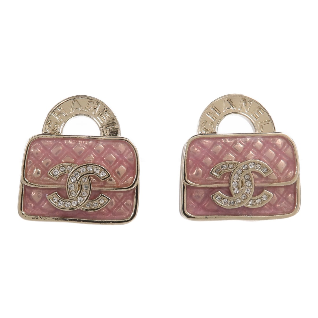 CHANEL ABD344 CC Logo Handbag Pierced Earrings Pink Gold Tone: CHANEL ABD344 CC Logo Handbag Pierced Earrings Pink Gold Tone CHANEL pierced earrings featuring the CC logo and a pearly handbag design in pink and gold metal. The item is model ABD344 and comes with 