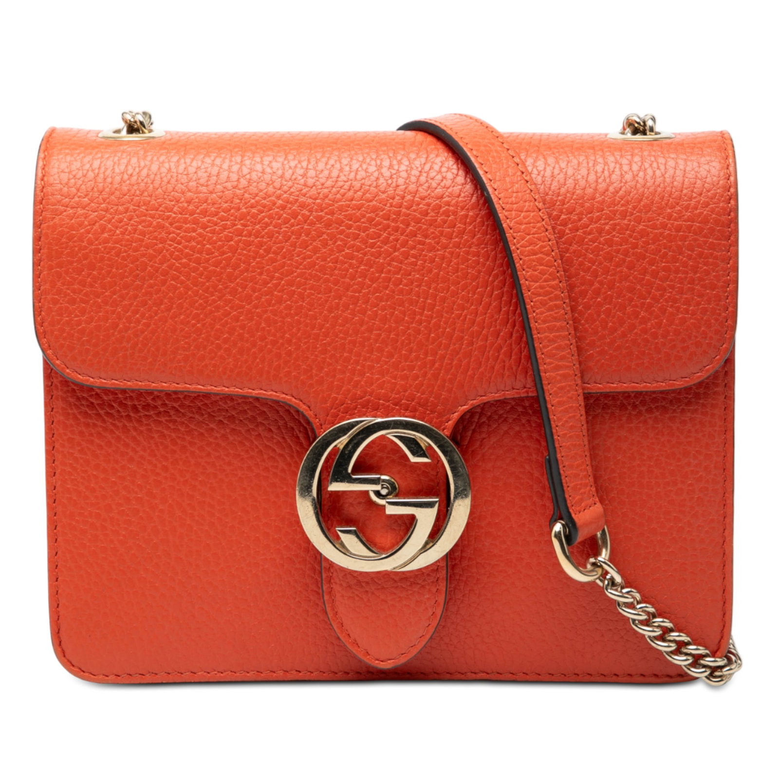 Gucci Interlocking G Orange Leather Small Crossbody Bag with Chain Strap: Gucci Interlocking G Orange Leather Small Crossbody Bag with Chain Strap This Gucci Small Dollar Calfskin Interlocking G Crossbody bag features a leather body in orange, a gold-tone curb chain-link st