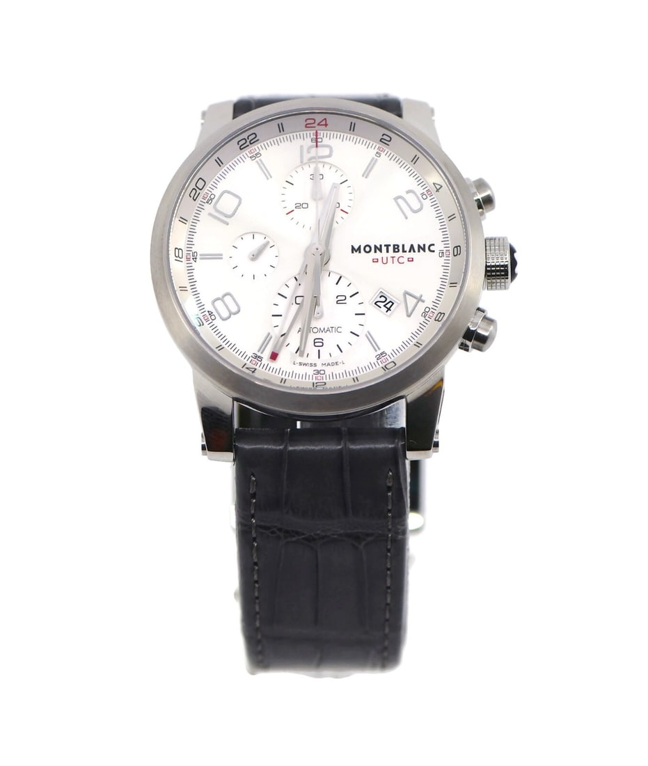 Montblanc Timewalker Voyager 43mm Stainless Steel Automatic Wristwatch: Montblanc Timewalker Voyager 43mm Stainless Steel Automatic Wristwatch This Montblanc Timewalker Voyager is a men's wristwatch featuring a stainless steel case and a silver analog dial. It is powered 