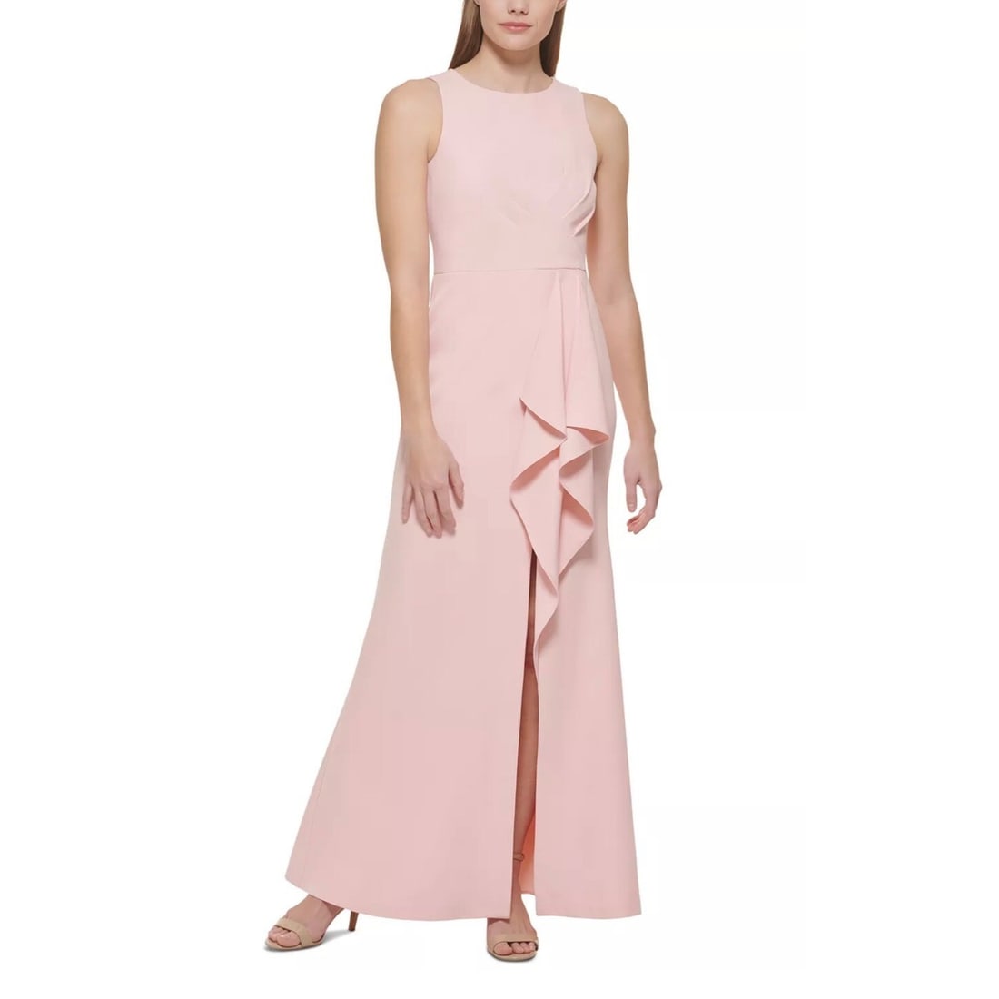 Eliza J Blush Pink Sleeveless Ruffle Long Gown Size 14: Eliza J Blush Pink Sleeveless Ruffle Long Gown Size 14 Elevate your formal attire with this stunning sleeveless gown from Eliza J, perfect for events such as Holy Communion or weddings. The gown featu