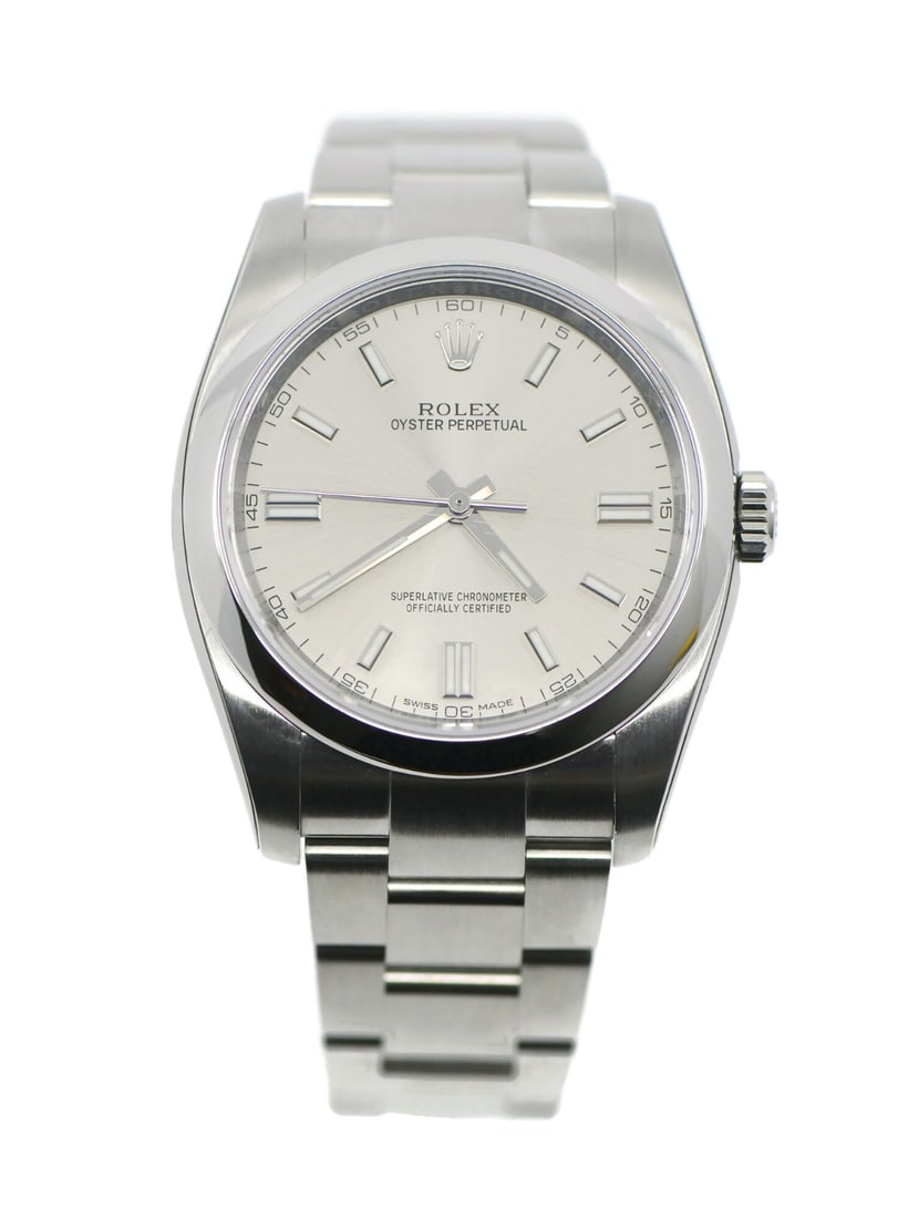 Rolex Oyster Perpetual 116000 36mm Stainless Steel Automatic Watch: Rolex Oyster Perpetual 116000 36mm Stainless Steel Automatic Watch This Rolex Oyster Perpetual wristwatch, reference 116000, features a 36 mm polished stainless steel case with a smooth silver bezel a