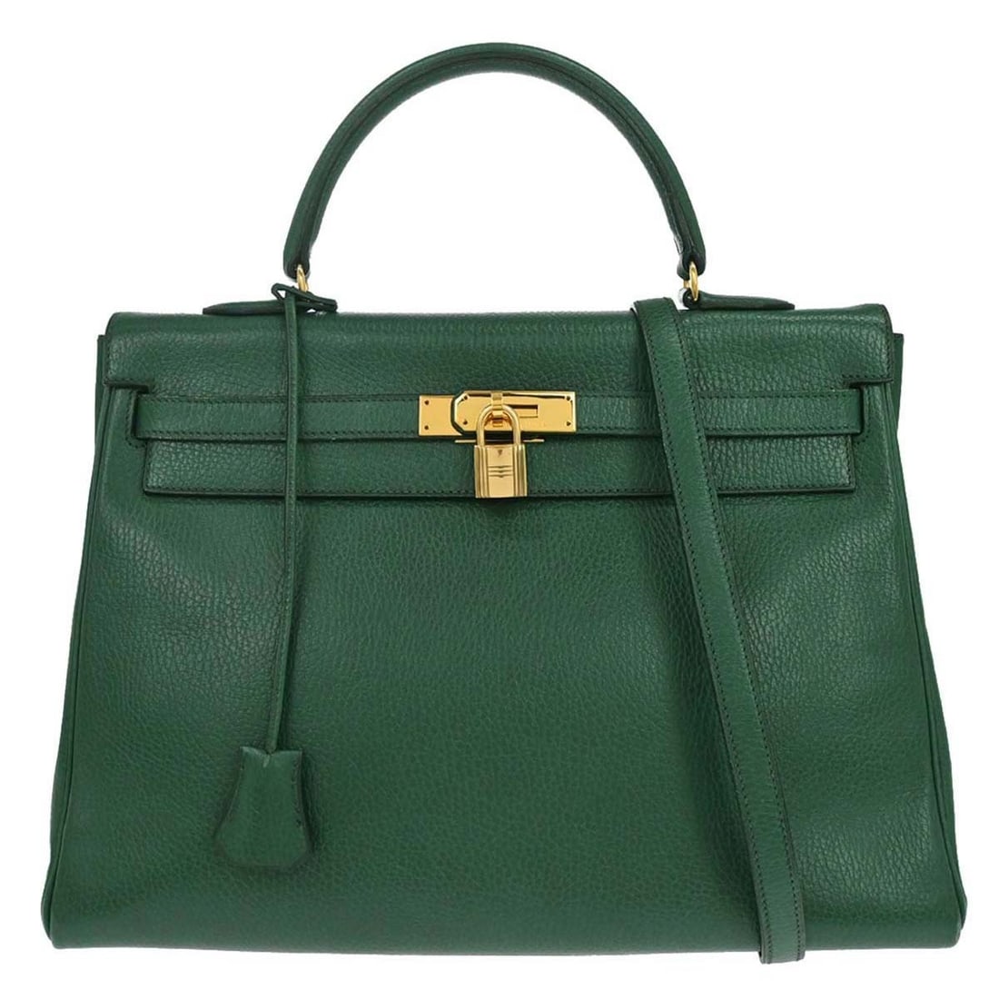 Hermes Kelly 35 Retourne Green Taurillon Clemence 2way Bag: Hermes Kelly 35 Retourne Green Taurillon Clemence 2way Bag Hermes Kelly 35 Retourne 2-way handbag in green Taurillon Clemence leather with a top handle, shoulder strap, and turn-lock closure. Made in 