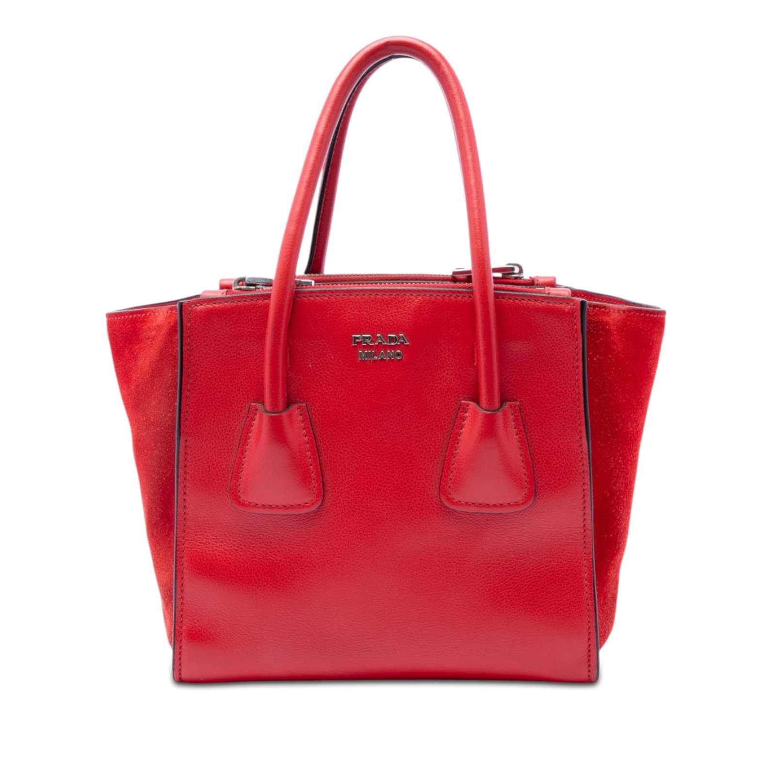 Prada Glace Calf Red Satchel with Twin Pockets: Prada Glace Calf Red Satchel with Twin Pockets This Prada Small Glace Calf Twin Pocket Satchel features a calfskin leather body with suede leather trim, rolled leather handles, an open top with a magn