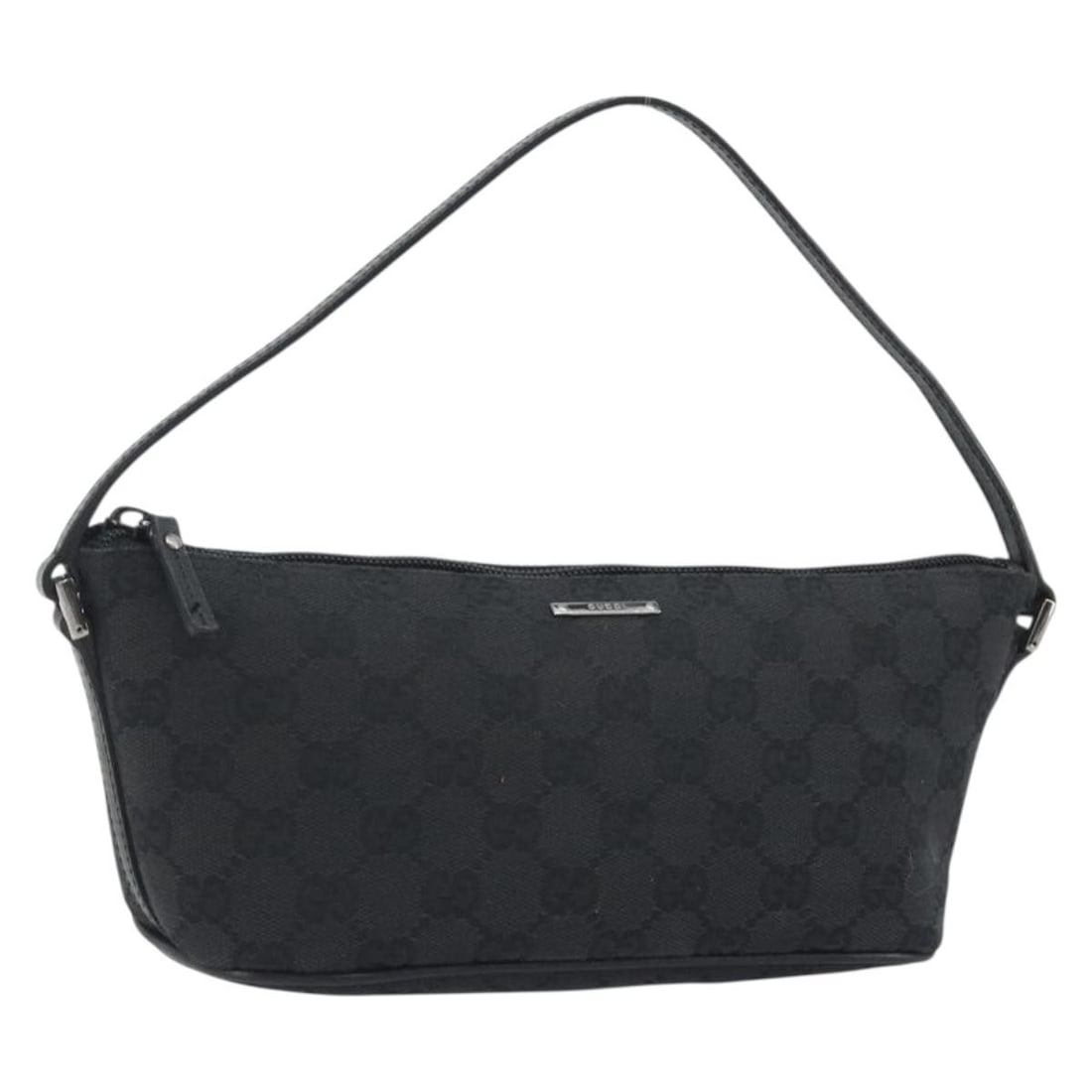 Gucci 07198 GG Canvas Accessory Pouch Black Silver: Gucci 07198 GG Canvas Accessory Pouch Black Silver This GUCCI accessory pouch is crafted in GG Canvas with a black and silver exterior and was made in Italy. It features a compact silhouette with appr