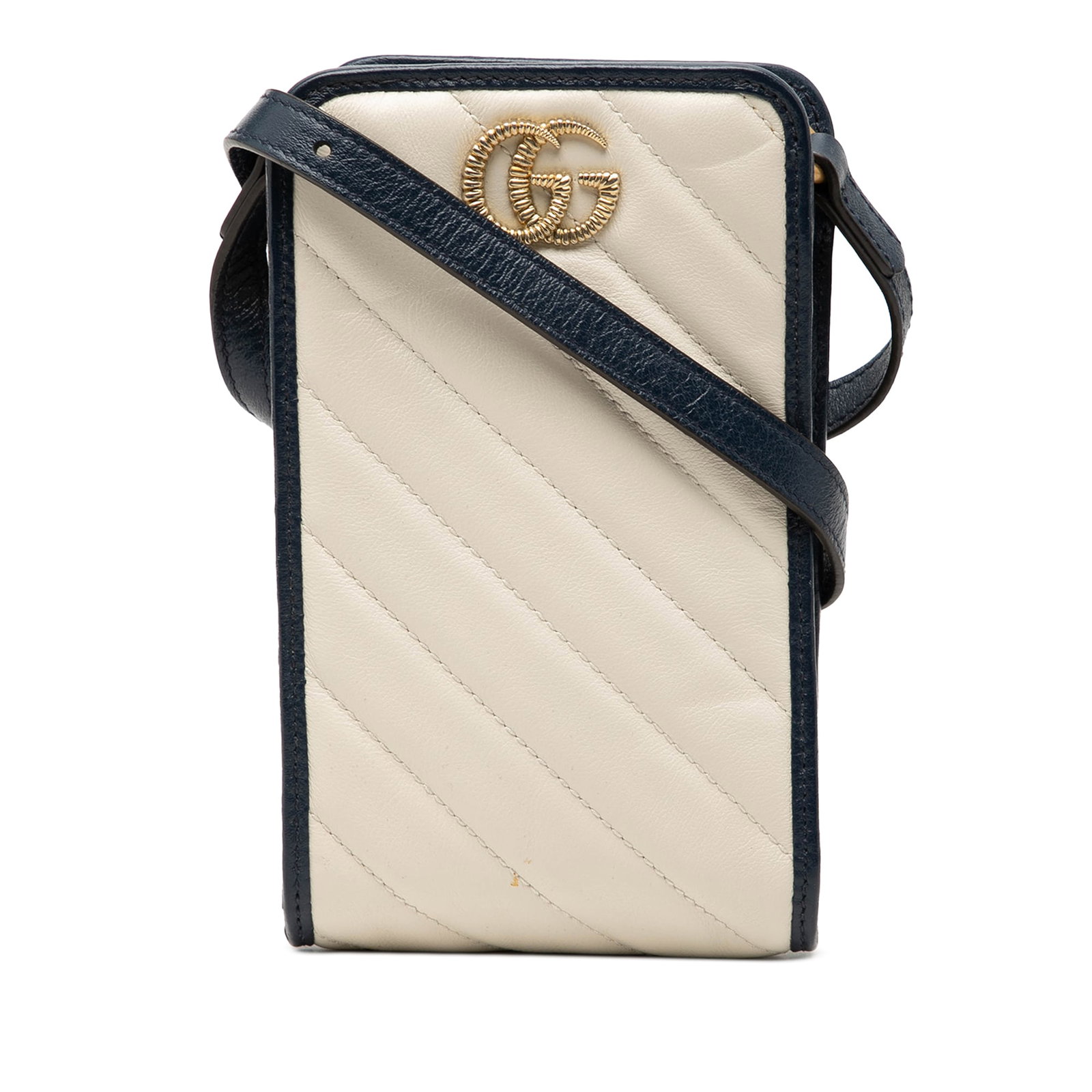Gucci GG Marmont Phone Holder Crossbody White Leather: Gucci GG Marmont Phone Holder Crossbody White Leather Gucci GG Marmont Matelasse Diagonal Calfskin Torchon phone holder crossbody in white leather. This crossbody bag features a quilted leather body, 