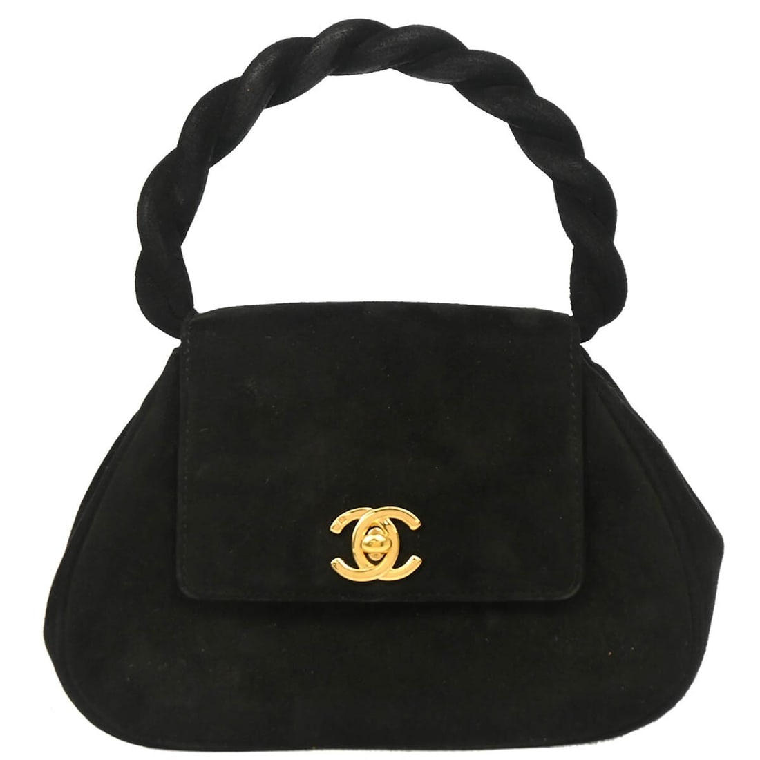CHANEL small black suede top handle handbag with logo: CHANEL small black suede top handle handbag with logo Chanel black suede top handle handbag in a small size with logo accent and inner pocket. Made in Italy, this women's bag features a structured top