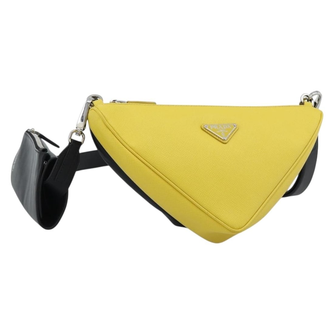 PRADA Leather Shoulder Bag Black Yellow Triangle Italy: PRADA Leather Shoulder Bag Black Yellow Triangle Italy Prada triangle shoulder bag in black and yellow leather, made in Italy. This women's shoulder bag includes a dust bag and is listed in excellent 