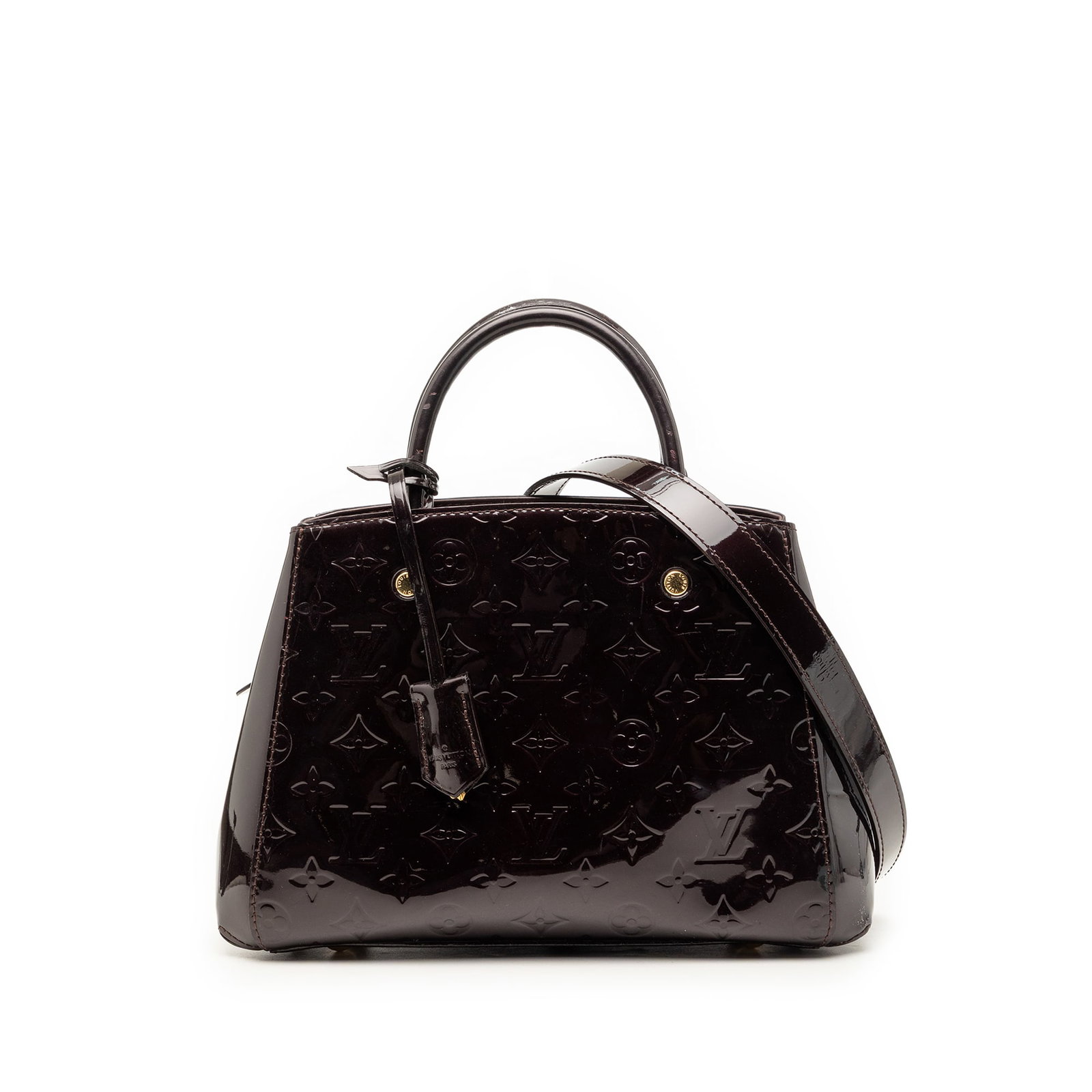 Louis Vuitton Montaigne BB Purple Vernis Leather Bag: Louis Vuitton Montaigne BB Purple Vernis Leather Bag This Louis Vuitton Monogram Vernis Montaigne BB features a glossy vernis leather body in purple, complemented by rolled leather handles and a detac