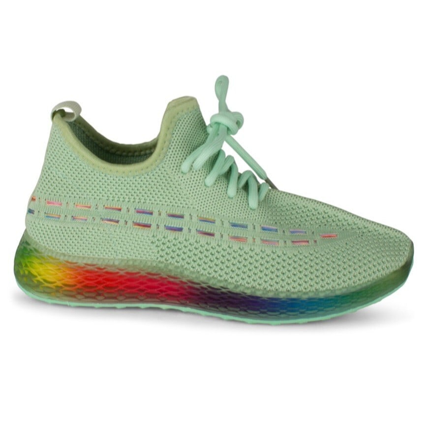 Wanted Women's Streak Knit Sneakers Light Green 8.5M Rainbow Sole: Wanted Women's Streak Knit Sneakers Light Green 8.5M Rainbow Sole Elevate your activewear collection with the Wanted Women's Streak Knit Round Toe Sneakers in Light Green. These stylish low-top sneake