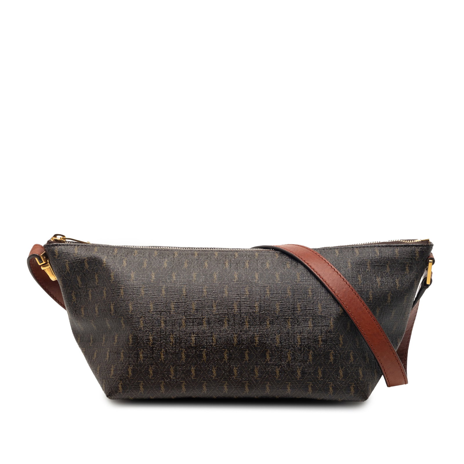 Saint Laurent coated canvas Le Monogramme shoulder bag: Saint Laurent coated canvas Le Monogramme shoulder bag This shoulder bag features a coated canvas body with a flat leather strap, top zip closure, and an interior zip pocket. The bag is brown in color