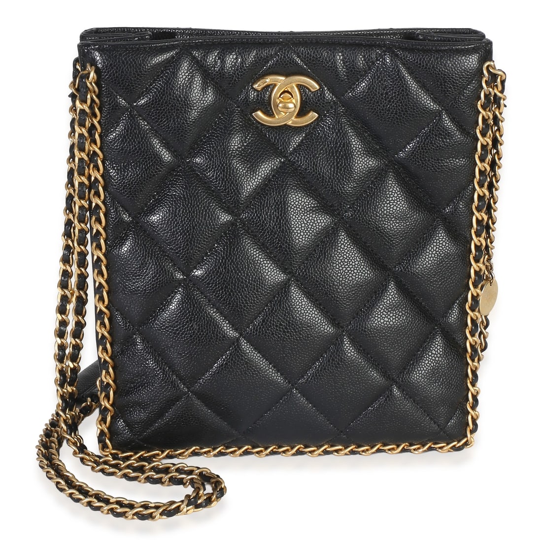 Chanel Black Caviar Hobo Tote with Dustbag: Chanel Black Caviar Hobo Tote with Dustbag This Chanel Black Quilted Caviar Mini Never Ending Chain Tote features a luxurious quilted leather exterior with gold-tone hardware and a signature turnlock 