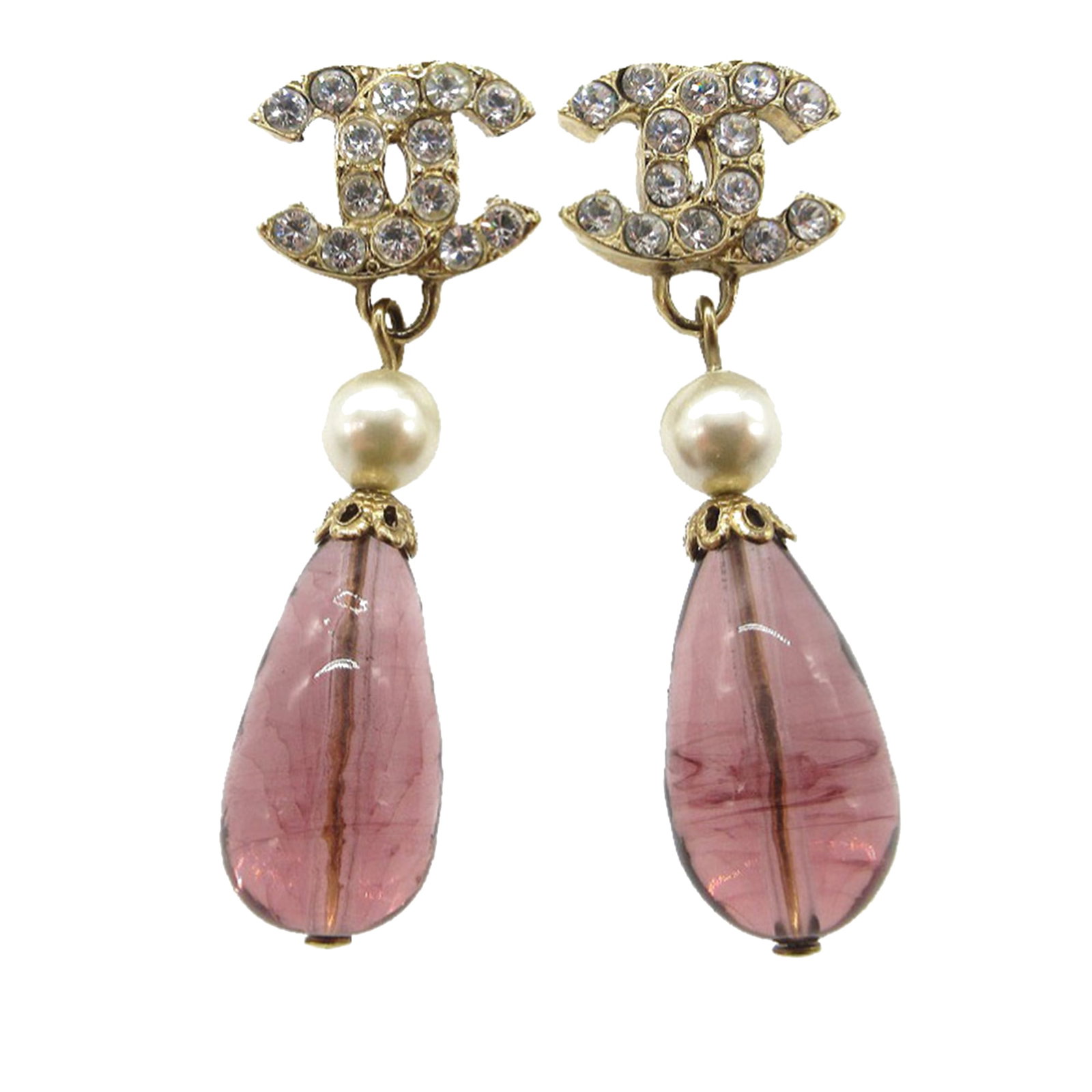 Chanel CC Faux Pearl Strass Gold Plated Earrings: Chanel CC Faux Pearl Strass Gold Plated Earrings Chanel CC earrings with a gold plated metal body, rhinestones, faux pearl accents, and push back closures. Made in France, this costume jewelry design 