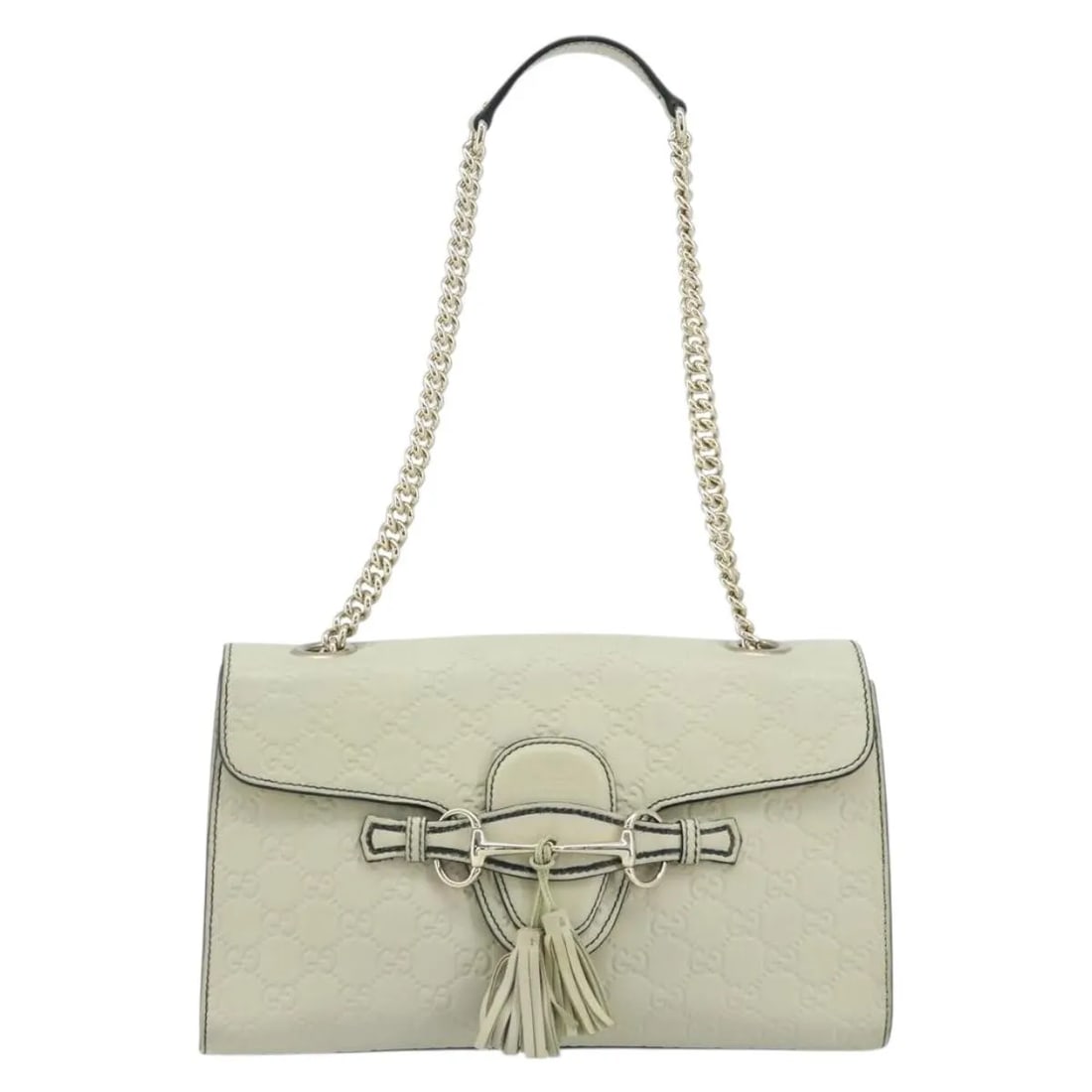 Beige Guccissima Leather Emily Chain Flap Shoulder Bag by Gucci: Beige Guccissima Leather Emily Chain Flap Shoulder Bag by Gucci The Gucci Emily Chain Flap Bag is crafted from beige Guccissima leather, designed for women. This bag features a chain shoulder strap an