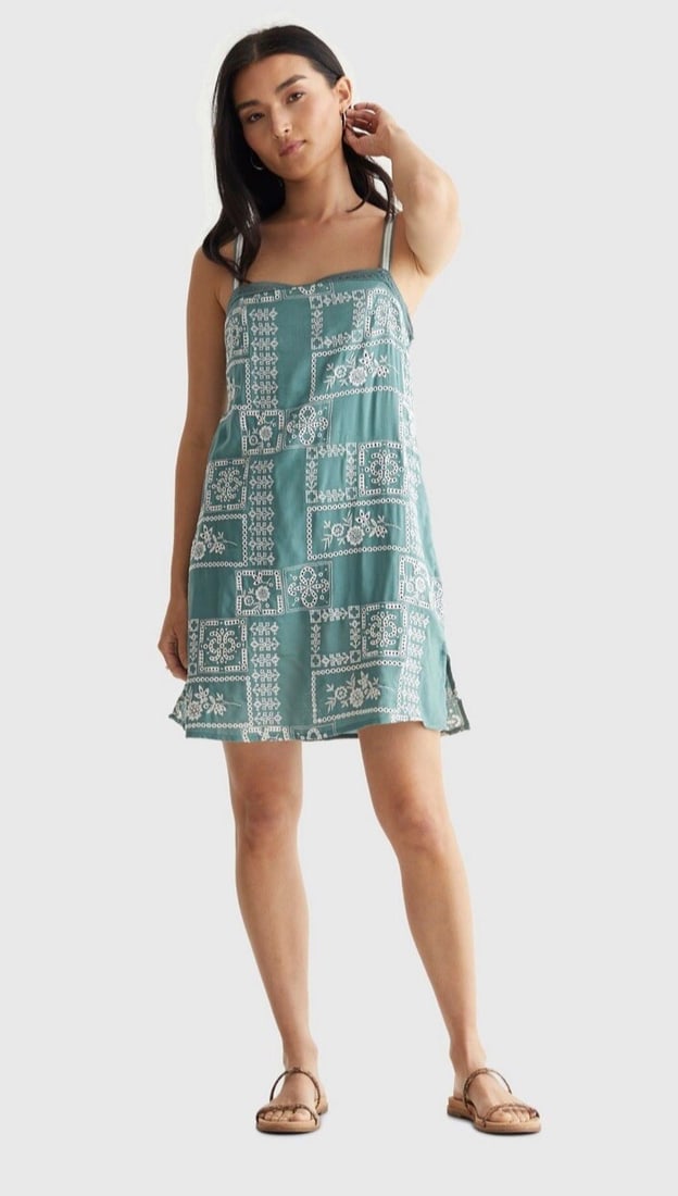 Lucky Brand Embroidered Square Neck Sage Green Mini Dress: Lucky Brand Embroidered Square Neck Sage Green Mini Dress Elevate your wardrobe with this Lucky Brand Embroidered Square Neck Cami Dress in a refreshing Sage Brush Green. This stylish fit & flare mini