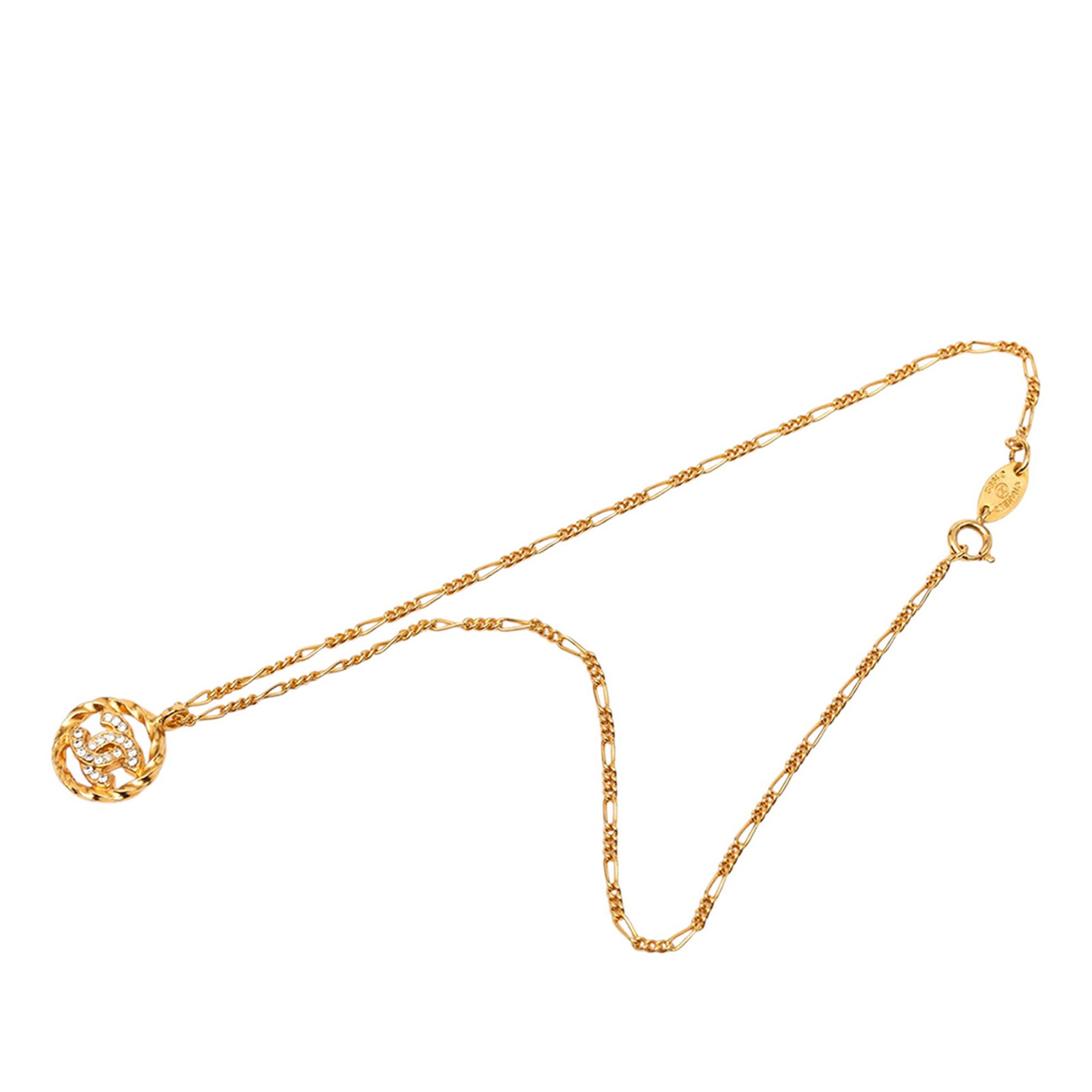Chanel CC Pendant Necklace Gold Tone Metal with Strass: Chanel CC Pendant Necklace Gold Tone Metal with Strass Chanel CC Gold Plated Strass Pendant Necklace in gold-tone metal with strass details and a spring ring closure. Made in France and classified as 
