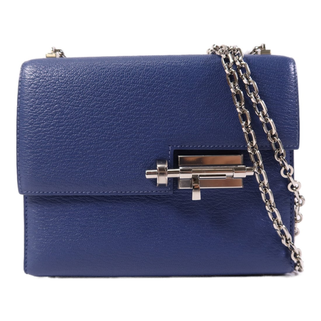 Hermes Verrou Mini Shoulder Bag Chevre Goatskin Bleu Brighton PHW: Hermes Verrou Mini Shoulder Bag Chevre Goatskin Bleu Brighton PHW Hermes PHW Verrou Mini Chain Shoulder Bag in Bleu Brighton blue, crafted from Chevre goatskin leather. This women's shoulder bag featu