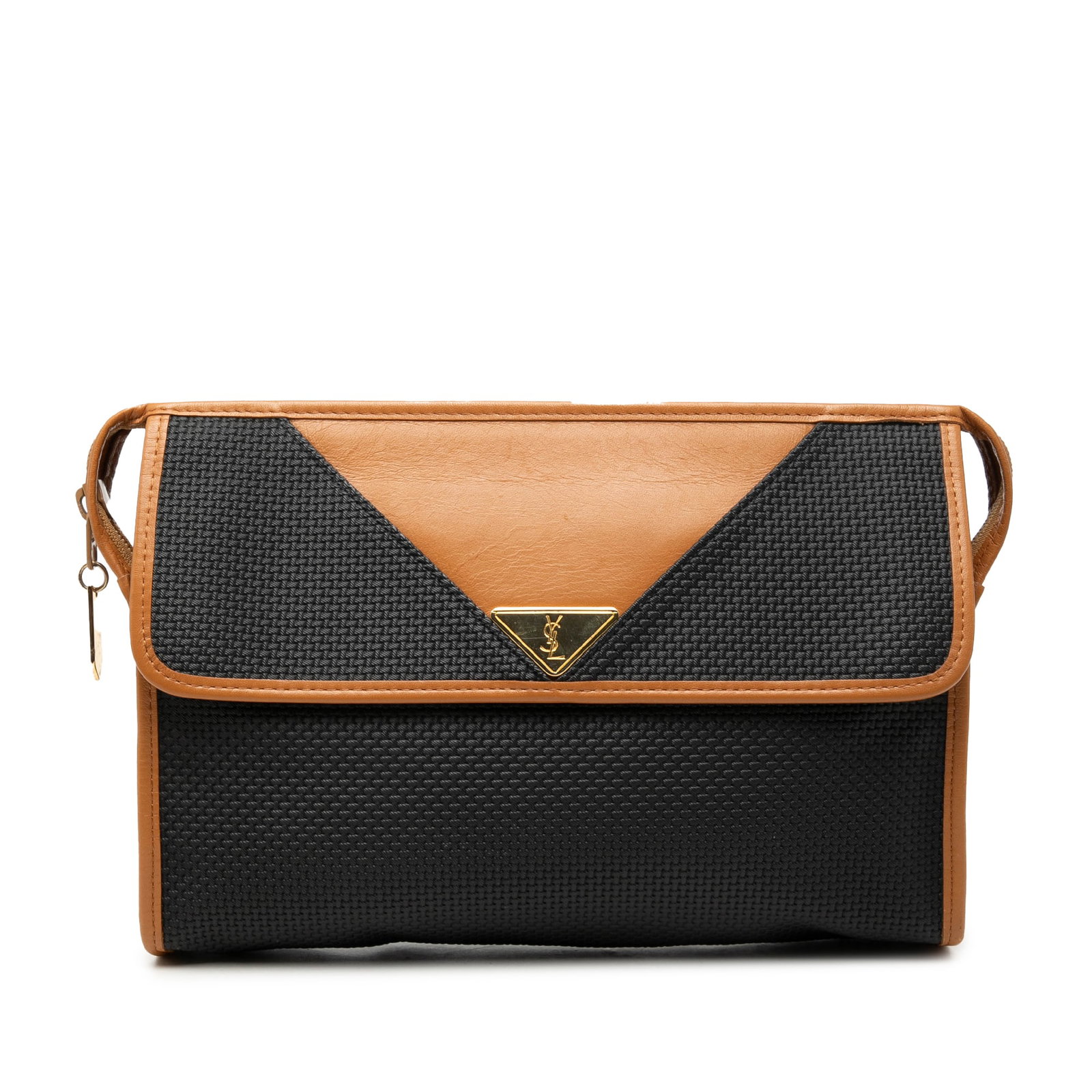 Saint Laurent coated canvas clutch with leather trim black: Saint Laurent coated canvas clutch with leather trim black This Saint Laurent clutch bag is crafted from coated canvas with leather trim and finished in black. It features a top zip closure, an exteri