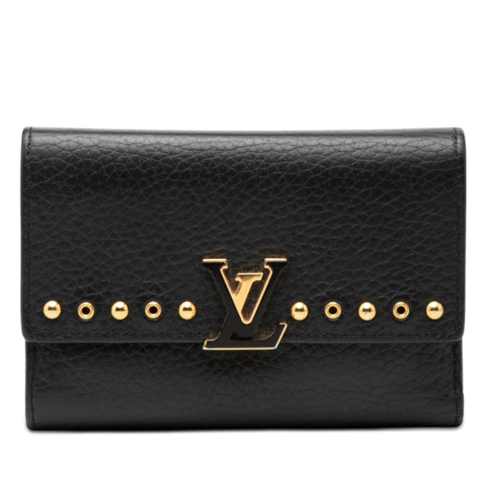 Louis Vuitton Capucines Compact Wallet in Black Studded Taurillon Leather: Louis Vuitton Capucines Compact Wallet in Black Studded Taurillon Leather Compact wallet in black leather with a studded leather body, front flap, and push clasp closure. It features interior zip and 