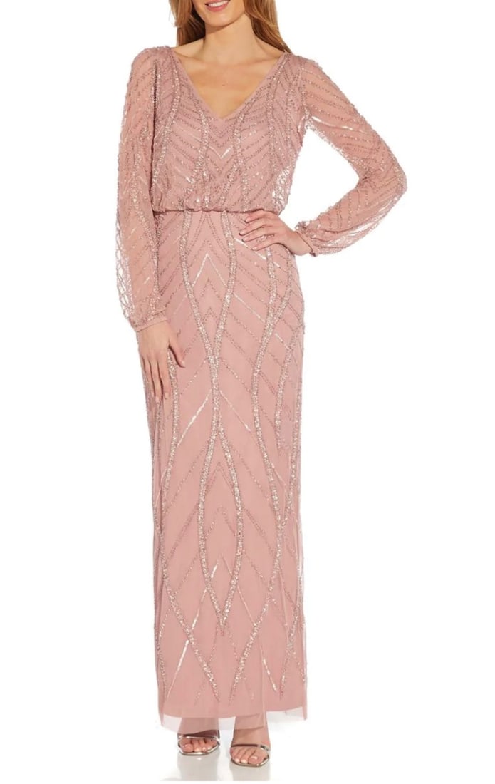 Adrianna Papell Pink Long Sleeve Beaded Gown Size 10: Adrianna Papell Pink Long Sleeve Beaded Gown Size 10 Elevate your evening attire with this Adrianna Papell Long Sleeve Beaded Blousson Gown. Designed for a glamorous occasion, this stunning pink ball 