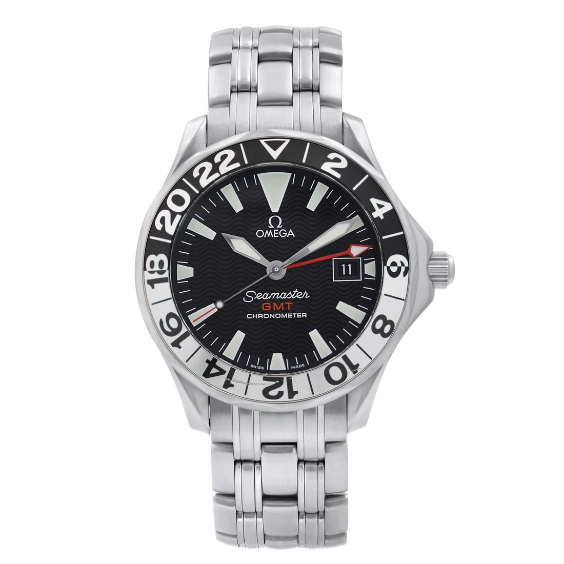 Omega Seamaster Professional GMT steel black dial 41 mm automatic watch: Omega Seamaster Professional GMT steel black dial 41 mm automatic watch This Omega Seamaster GMT 50th Anniversary wristwatch features a black analog dial with luminous hands, a date indicator, and a G