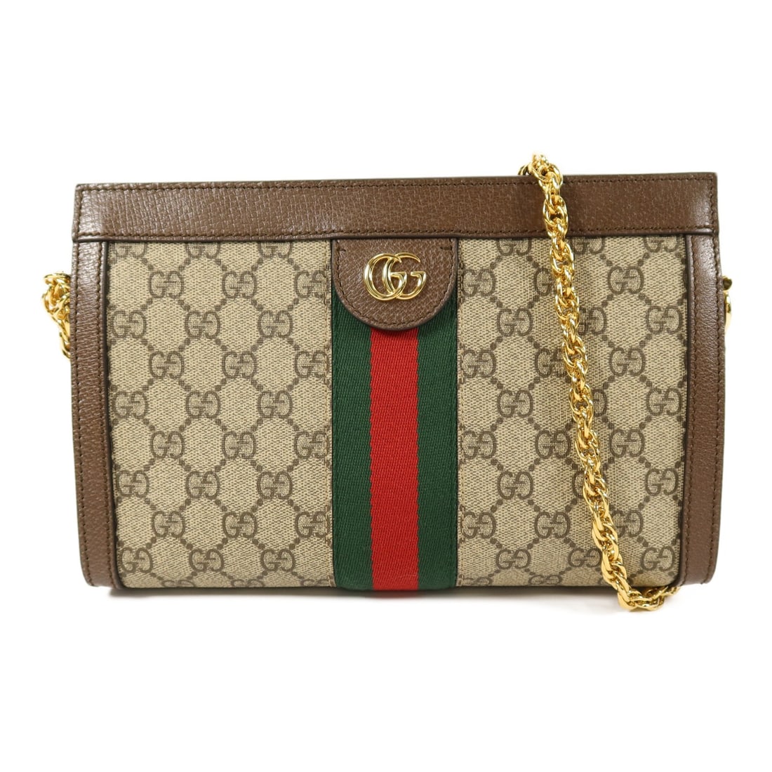 Gucci Ophidia 503877 Chain Shoulder Bag Brown GG Coated Canvas: Gucci Ophidia 503877 Chain Shoulder Bag Brown GG Coated Canvas GUCCI Ophidia GG Chain Shoulder Bag, model 503877, in brown PVC coated canvas with a chain shoulder strap. It features a magnetic pocket 