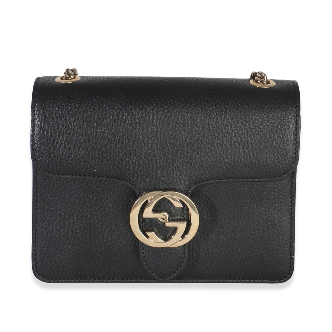 Gucci Interlocking G Small Black Leather Crossbody Shoulder Bag: Gucci Interlocking G Small Black Leather Crossbody Shoulder Bag This Gucci Interlocking G small bag features black dollar calfskin leather with gold-tone hardware and a push lock closure. The design i
