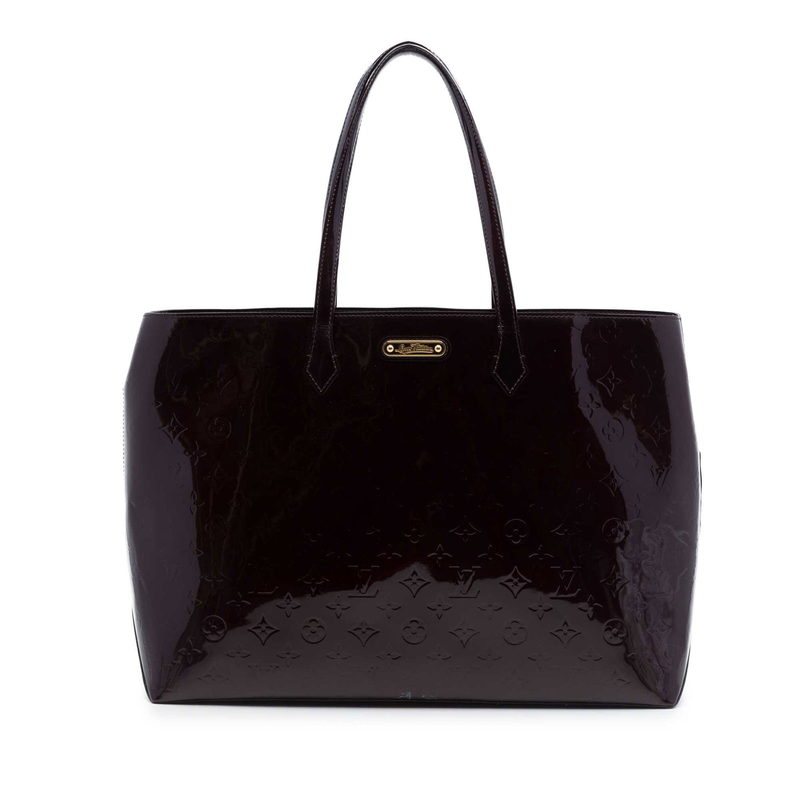 Louis Vuitton Wilshire GM Monogram Vernis Leather Tote Purple: Louis Vuitton Wilshire GM Monogram Vernis Leather Tote Purple Louis Vuitton Monogram Vernis Wilshire GM bag in purple monogram vernis leather. It features flat leather handles, an open top with lobste