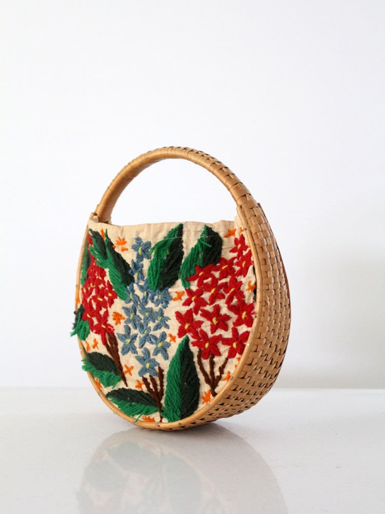 1960s Floral Embroidered Woven Basket Handbag (1 of 7)