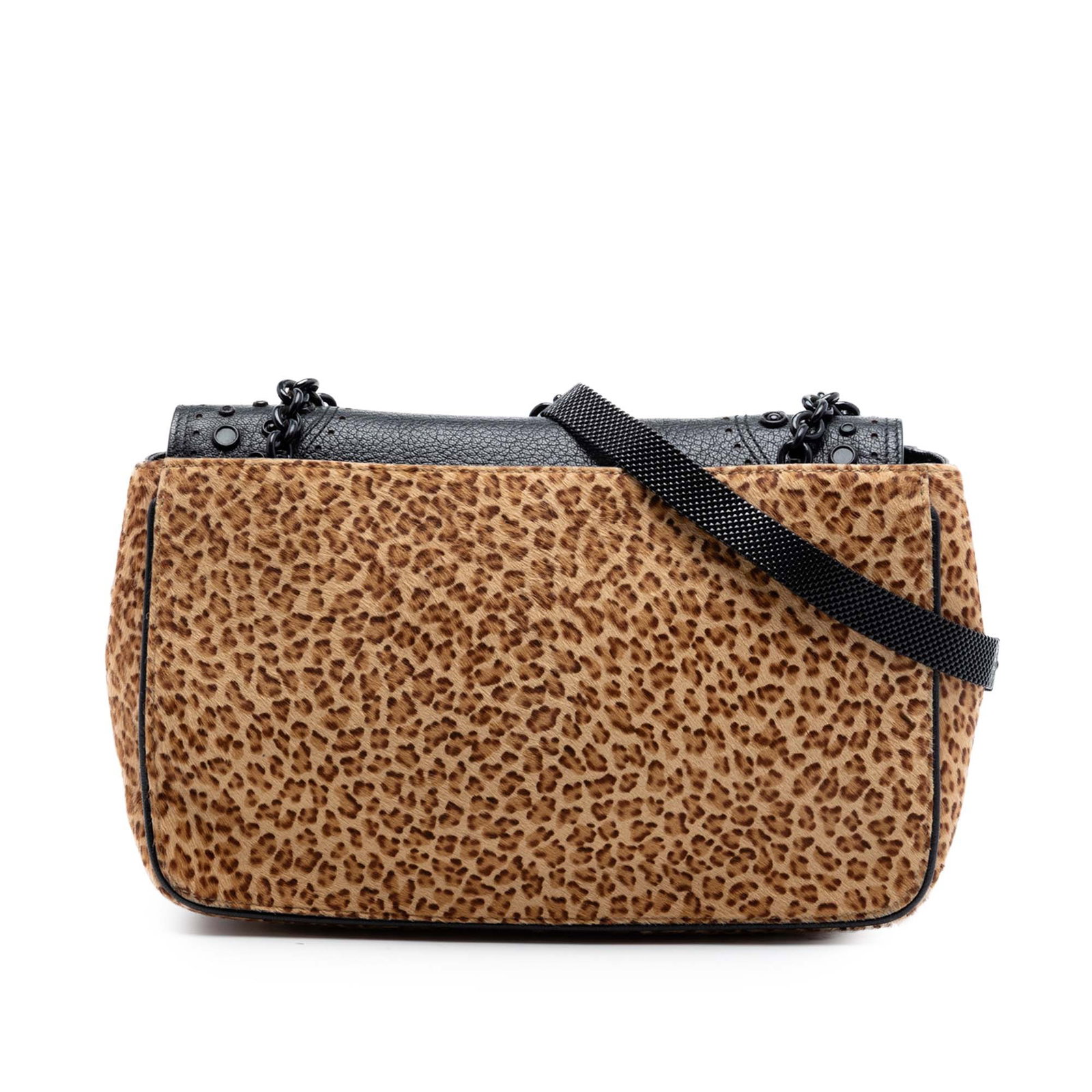 Bottega Veneta leopard print pony hair shoulder bag: Bottega Veneta leopard print pony hair shoulder bag This Bottega Veneta shoulder bag features a brown leopard print pony hair body accented with leather trim, a curb chain link strap with a leather gu
