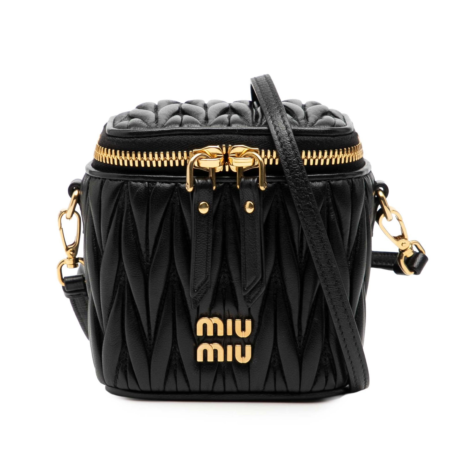 Miu Miu Micro Matelasse Nappa Leather Black Vanity Crossbody Bag: Miu Miu Micro Matelasse Nappa Leather Black Vanity Crossbody Bag This Miu Miu Micro Matelasse Nappa Vanity Crossbody bag features a nappa leather body in black with a signature matelasse design. It in
