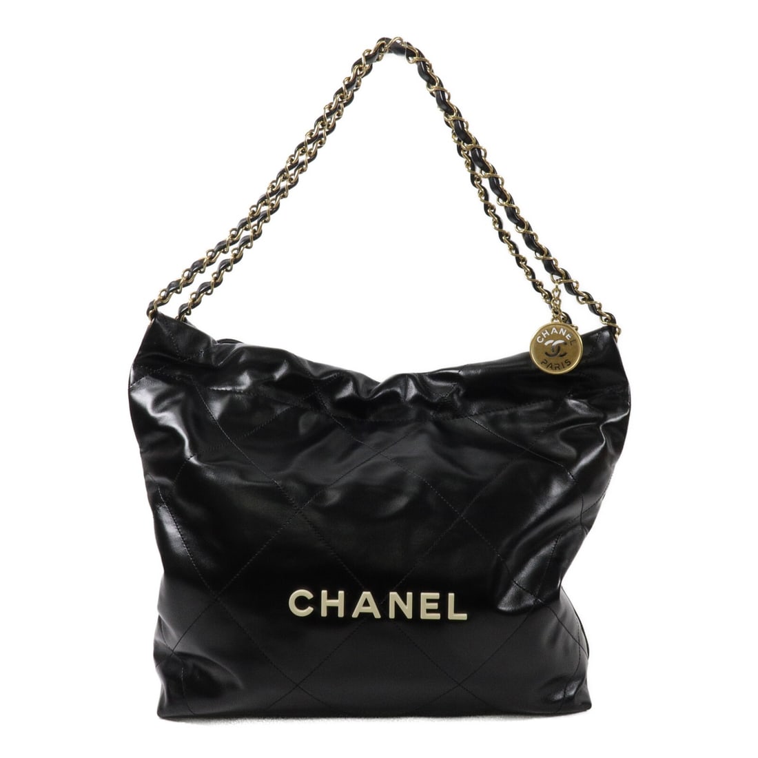 CHANEL AS3260 Chanel 22 Small Black Calfskin Shoulder Bag: CHANEL AS3260 Chanel 22 Small Black Calfskin Shoulder Bag CHANEL Chanel 22 Small Chain Shoulder Bag, model AS3260, in black calfskin (cowhide) leather with a chain shoulder design. It features a magne