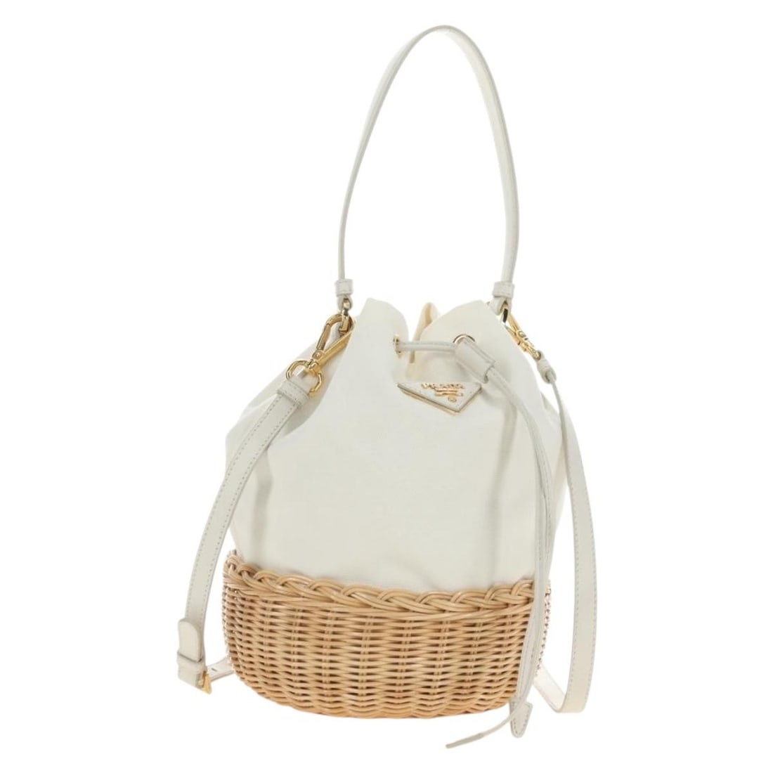 PRADA 2 Way Canvas Hand Bag White Gold with Strap Dust Bag: PRADA 2 Way Canvas Hand Bag White Gold with Strap Dust Bag Prada hand bag in white and gold canvas, made in Italy. It comes with a shoulder strap and dust bag, and features a compact size with a handl
