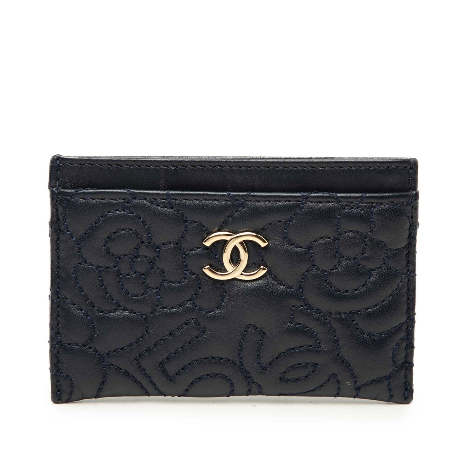 Chanel Camellia CC Embossed Lambskin Card Holder Blue: Chanel Camellia CC Embossed Lambskin Card Holder Blue A Chanel card holder in blue embossed lambskin leather, featuring an open top and exterior card slots. Made in Italy, this SLG measures 7.50 cm in