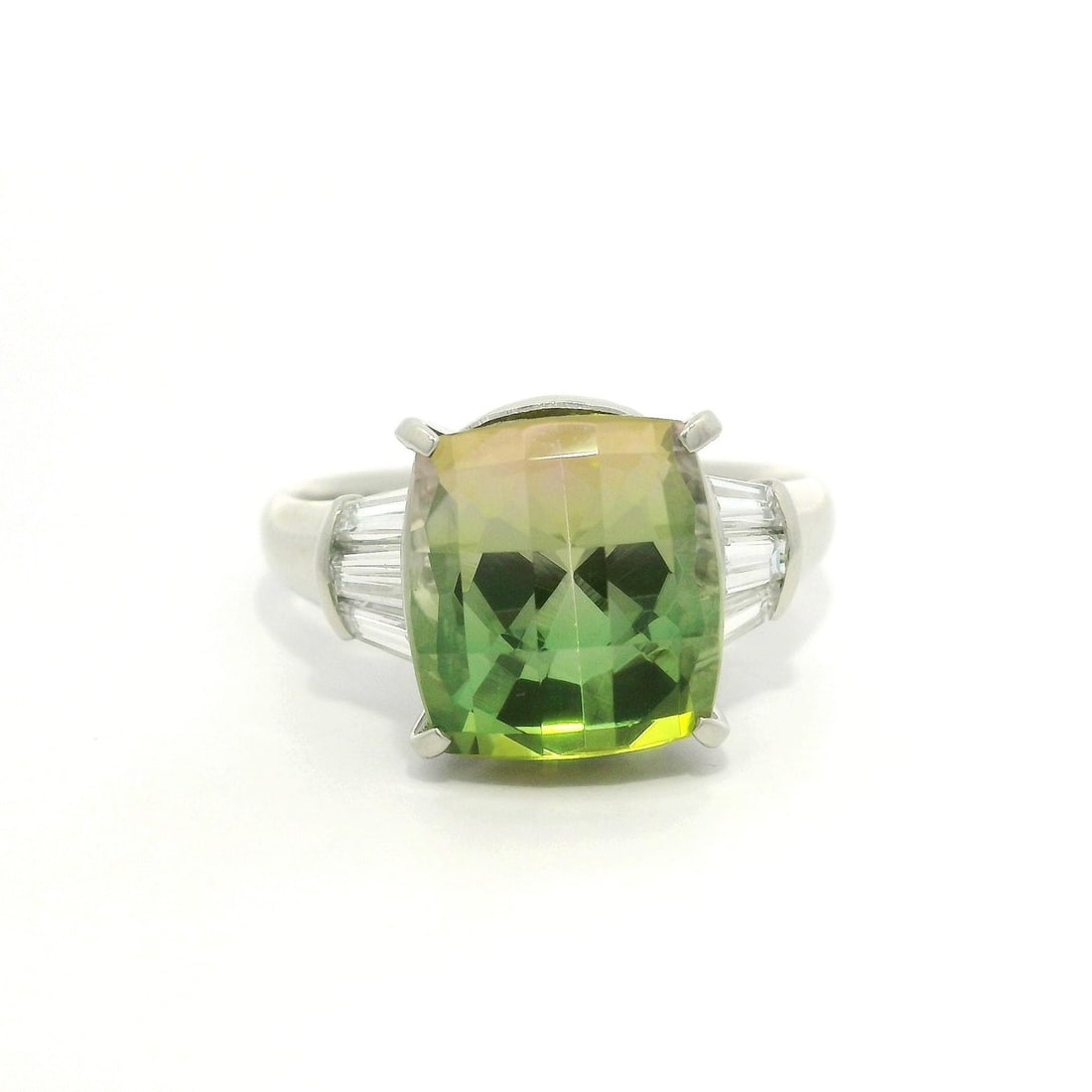 Platinum 6.48ct Bi-Color Green Pink Tourmaline Diamond Baguette Ring: Platinum 6.48ct Bi-Color Green Pink Tourmaline Diamond Baguette Ring This stunning cocktail ring features a bi-color natural genuine tourmaline in a checkerboard cushion cut, showcasing vibrant green 