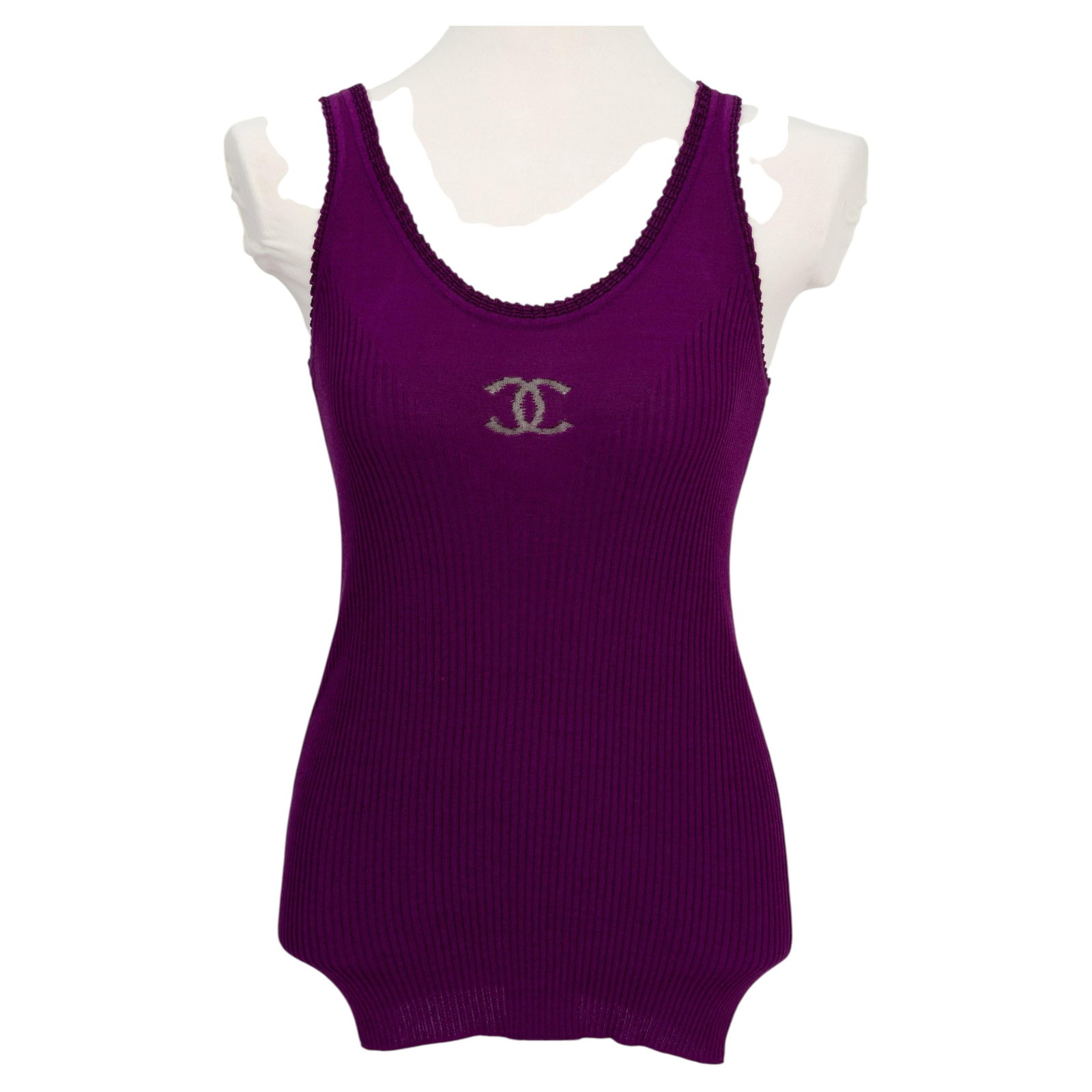 Chanel Cotton Nylon Purple Lace Trim Tank Top Size 38: Chanel Cotton Nylon Purple Lace Trim Tank Top Size 38 This Chanel purple tank top is crafted from a cotton and nylon blend. It features the iconic CC logo on the front in a darker shade of purple and 