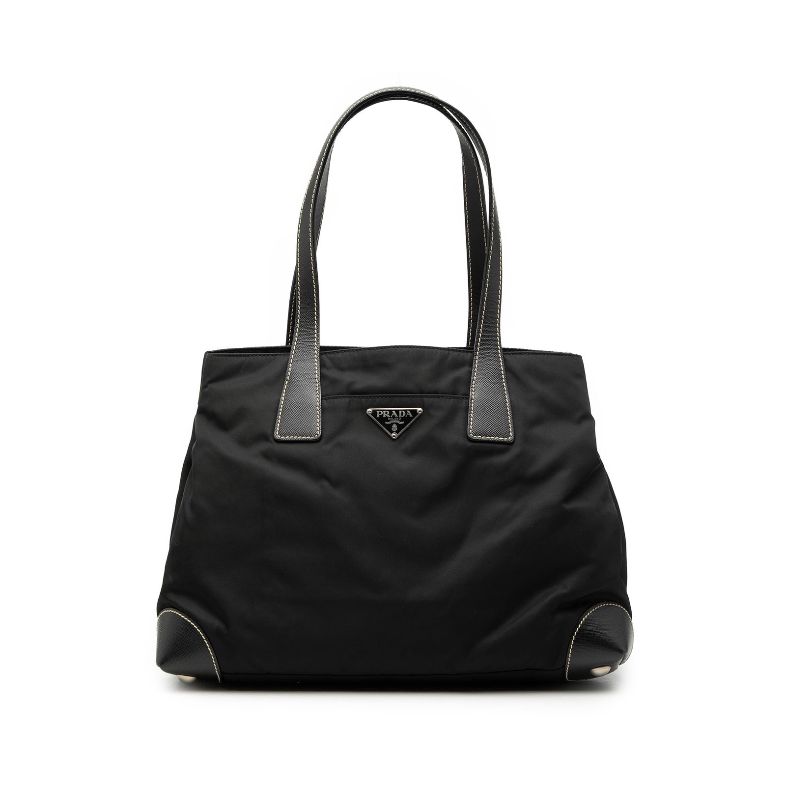 Prada Tessuto Shopper Tote with Saffiano Trim: Prada Tessuto Shopper Tote with Saffiano Trim This Prada Saffiano Trimmed Tessuto Shopper Tote is crafted from durable black nylon with elegant saffiano leather trim and flat saffiano leather shoulder