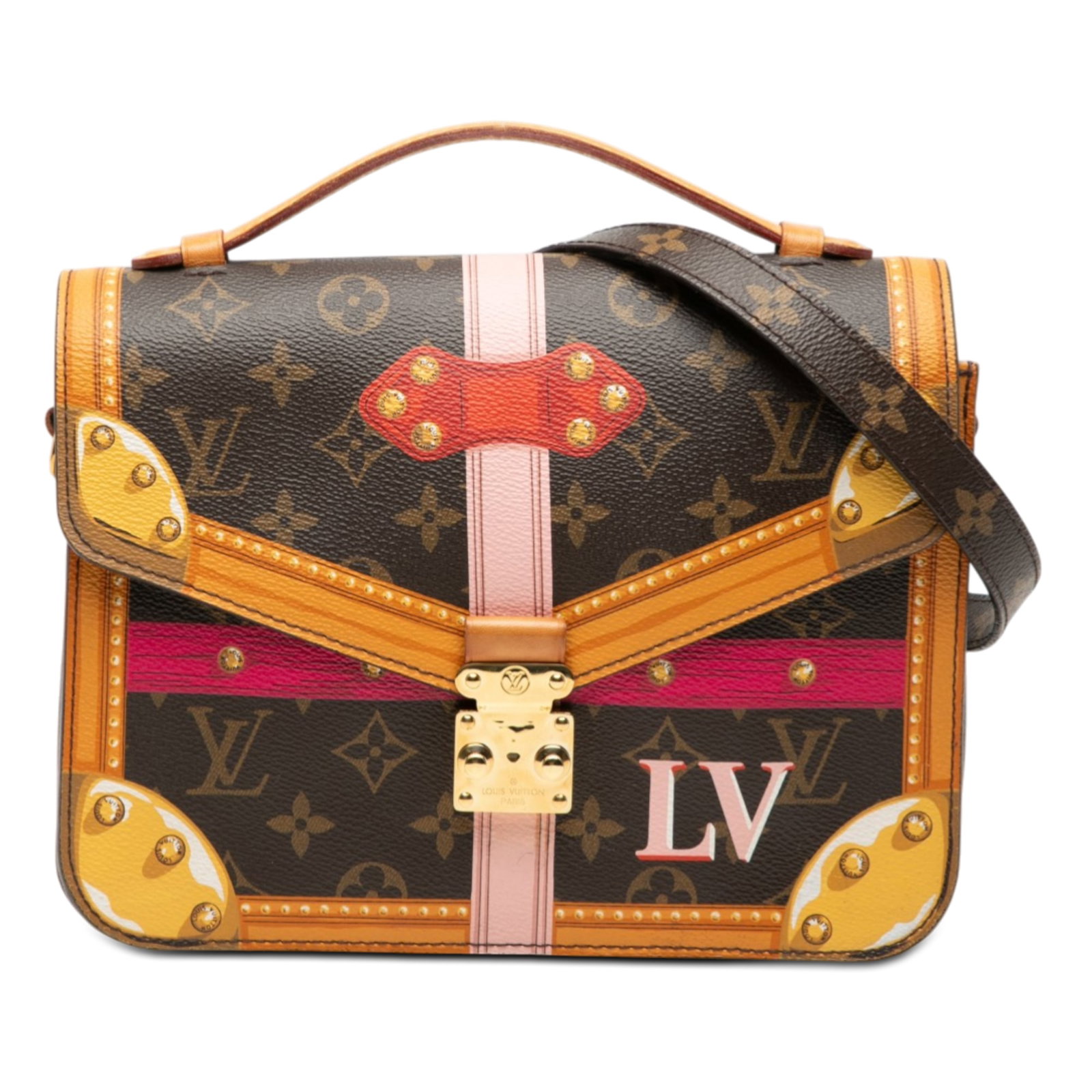 Louis Vuitton Summer Trunk Monogram Pochette Metis Shoulder Bag: Louis Vuitton Summer Trunk Monogram Pochette Metis Shoulder Bag The Louis Vuitton Monogram Summer Trunk Pochette Metis features a printed monogram canvas exterior with a flat vachetta leather top hand