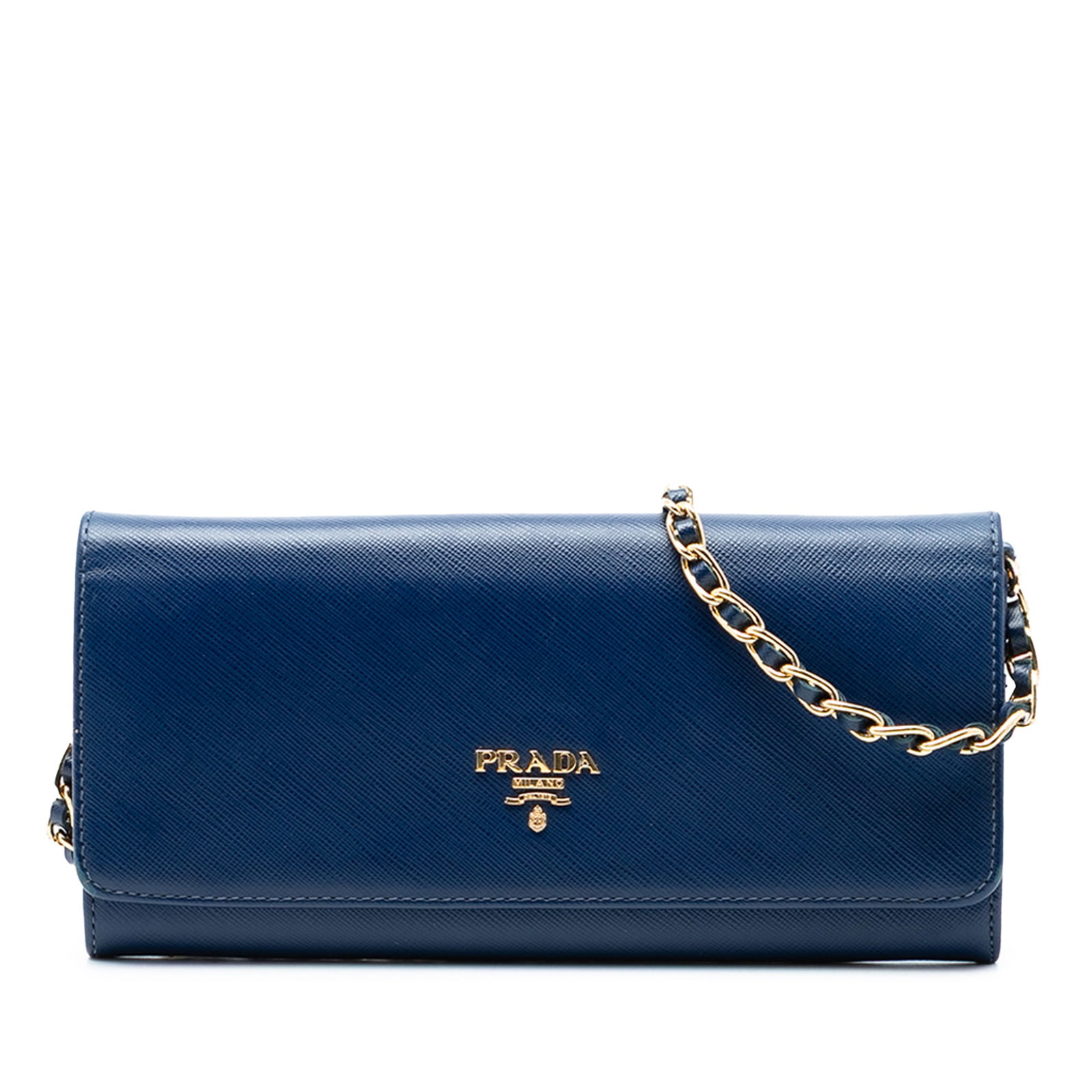 Prada blue saffiano leather chain wallet: Prada blue saffiano leather chain wallet This Prada Saffiano Wallet On Chain is crafted from saffiano leather in a blue hue and features a leather-woven chain strap. The design includes a front flap w